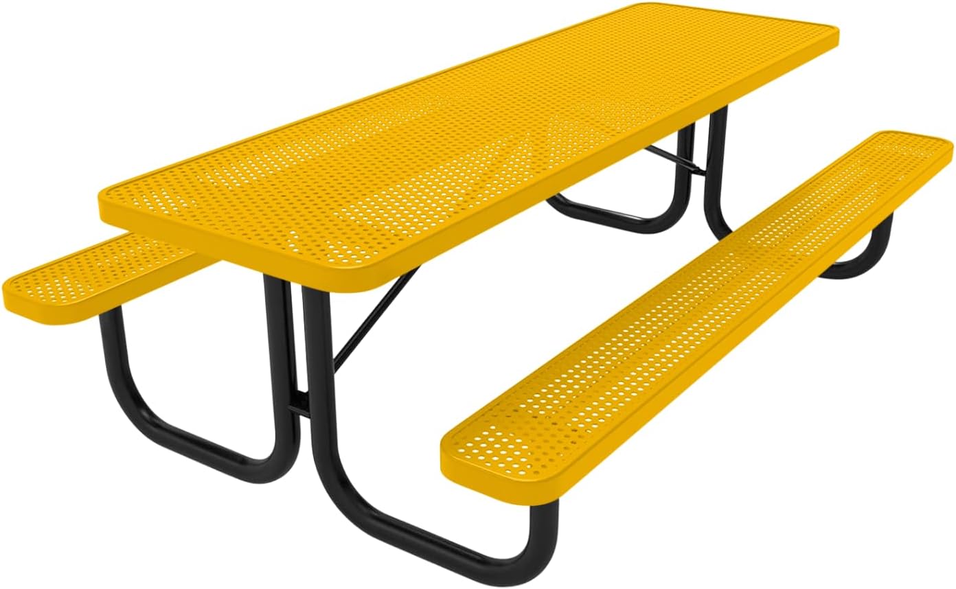COATEDOUTDOORFURNITURE Heavy-Duty Portable Outdoor Picnic Table, Thermoplastic Coated Punched Steel Commercial-Grade Patio Dining Furniture Made in America (8ft Rectangular, Yellow)