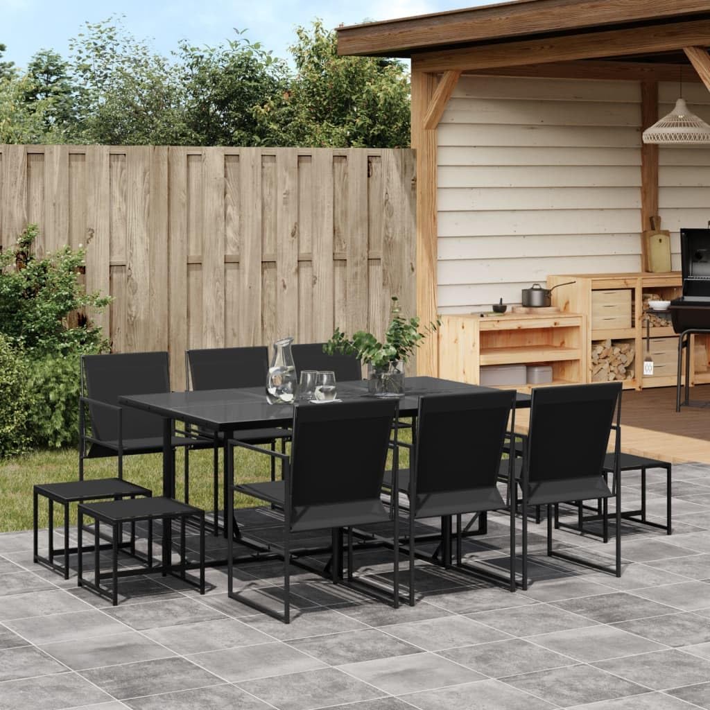 11 Piece Patio Dining Set Black Textilene,Stylish and Durable Garden Dining Set with Foldable Textilene Fabric Chairs and Tempered Glass Tabletop Furniture Sets for Patio, Lawn & Garden