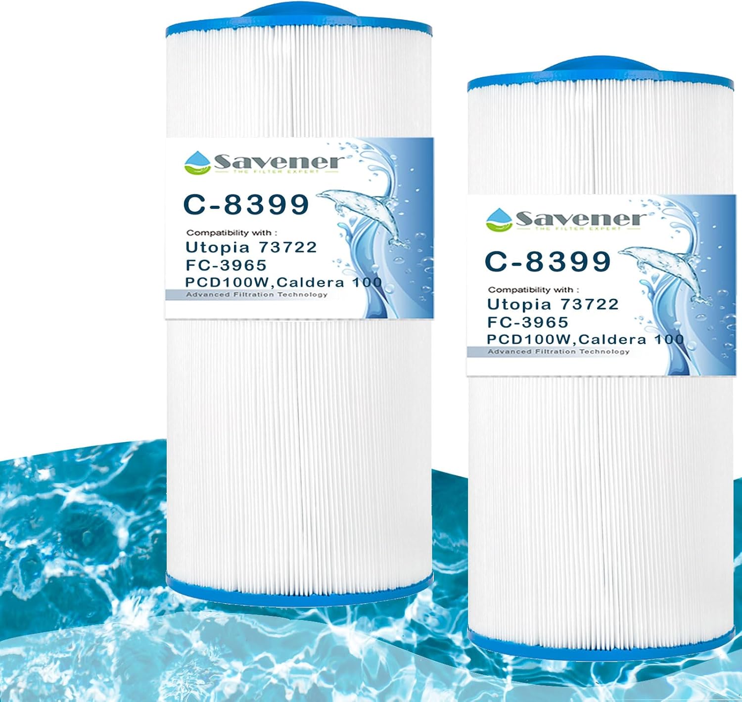 Savener® C-8399 Hot Tub Spa Filter Cartridge, Replaces Caldera Utopia 73722, 1039607, Unicel C-8399, Filbur FC-3965, PCD100W, AK-70032, APC APCC7375, Caldera 100, 100 Sq. Ft, 2 Pack