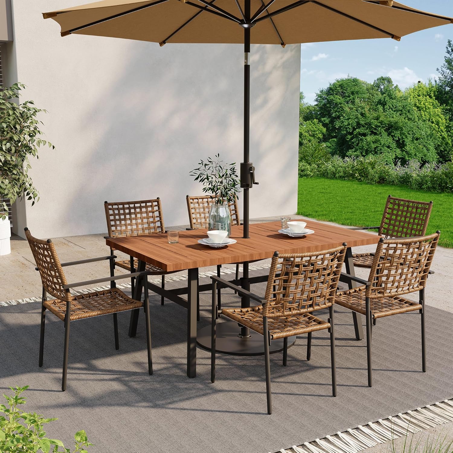LAUSAINT HOME Outdoor Patio Dining Set 7 Pieces, Outdoor Rattan Dining Table and Chairs Set with Metal Table and Umbrella Hole, Patio Furniture Sets for Garden Backyard Deck Balcony