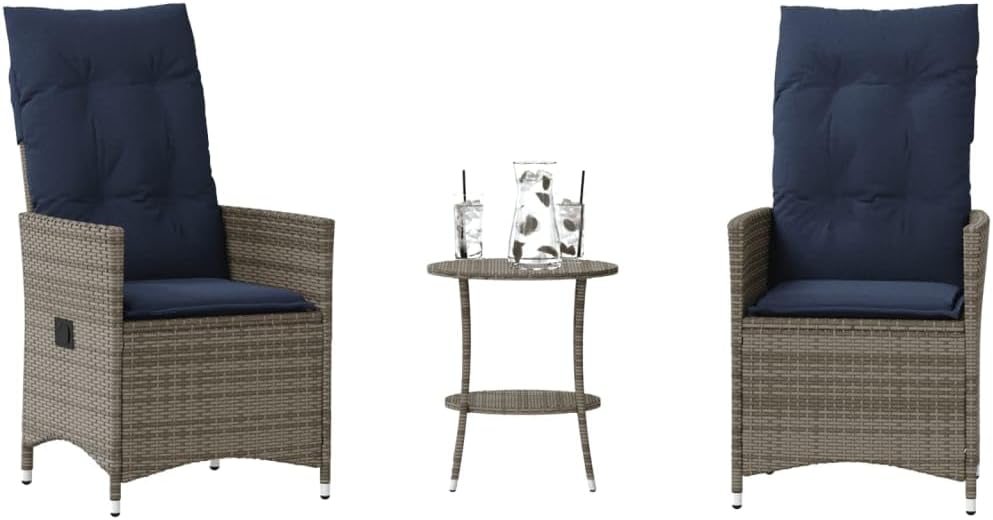 3 Piece Bistro Set with Cushions, Gray Poly Rattan Outdoor Table and Chairs, Adjustable Reclining Patio Furniture Set for Balcony, Garden, Backyard