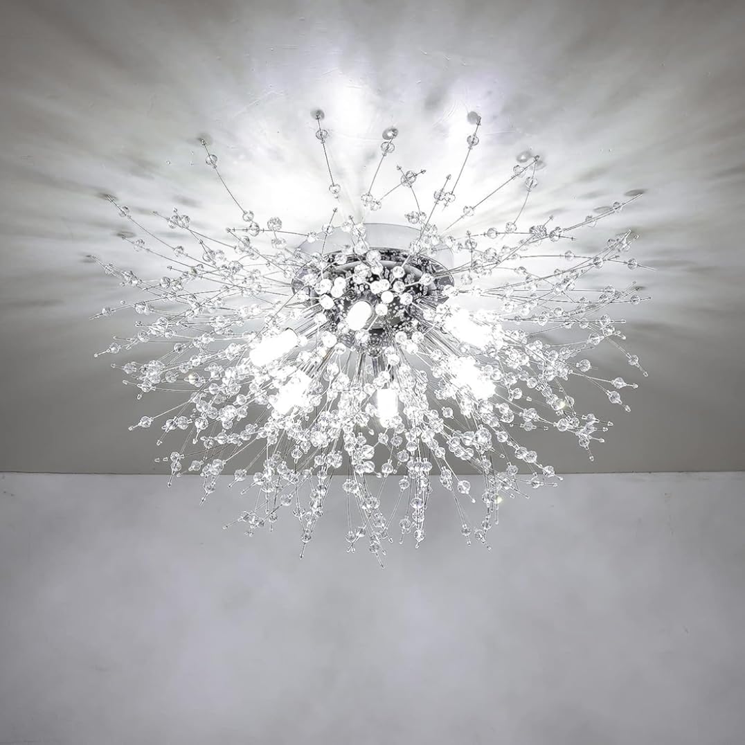 Crystal Flush Mount Ceiling Light Modern Sputnik Firework Ceiling Lamp Chrome K9 Crystal Close to Ceiling Light for Bedroom Kitchen Island Entryway Hallway Foyer 6-Light G9 Fixture