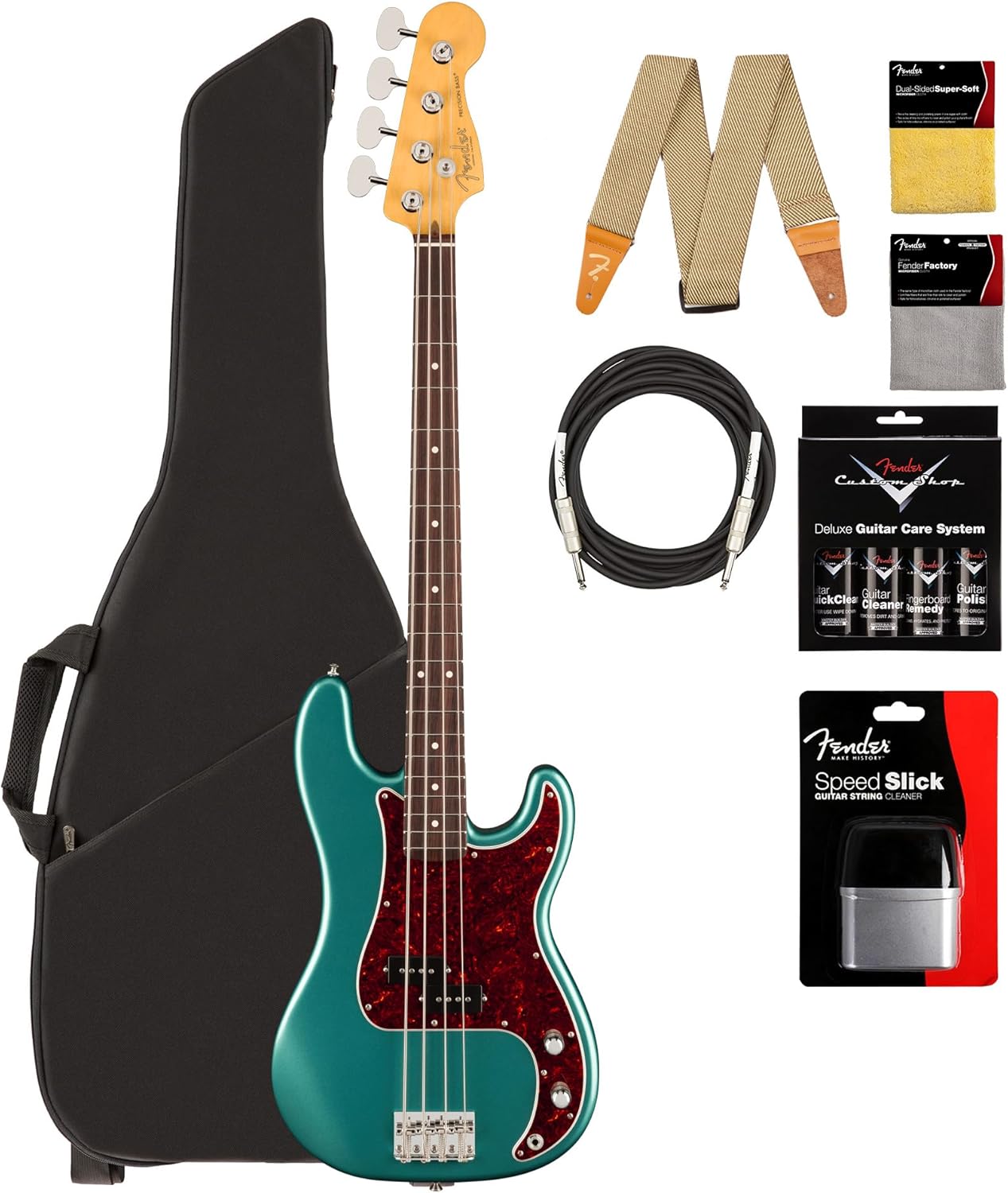 Fender American Professional Classic Precision Bass - Faded Sherwood Green Metallic Bundle with Gig Bag, Strap, Cable, and Guitar Cleaning Kit