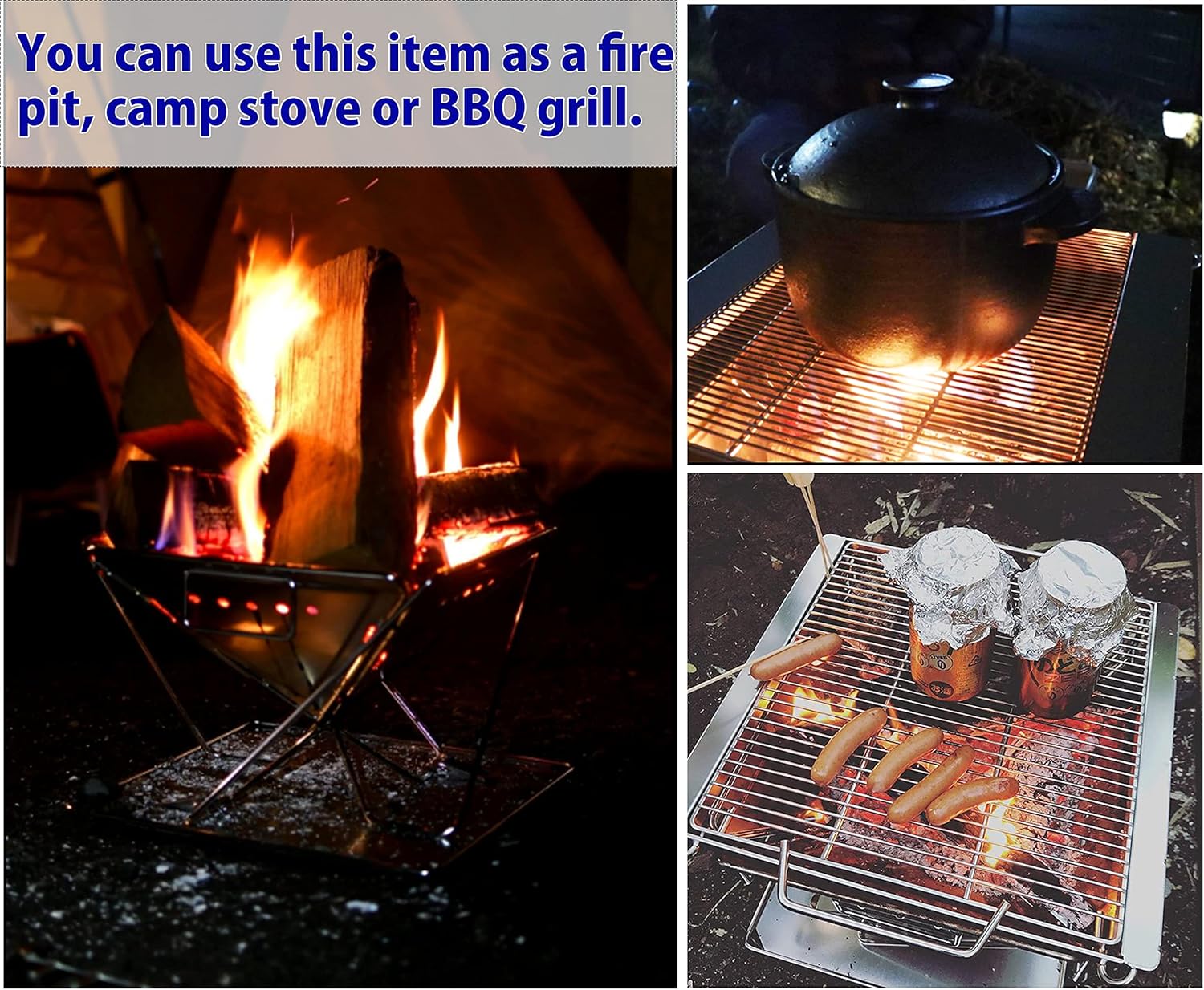 CAMPINGMOON 3-in-1 Portable Stainless Steel Wood Burning Grill and Fire Pit 16x18-inch with Carrying Bag