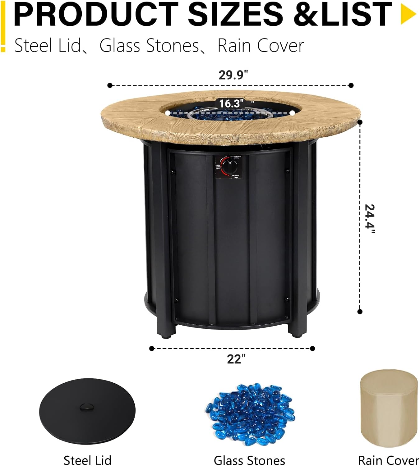 30 Inch Round Propane Fire Pit Table,50000 BTU Outdoor Gas Firepit with Automatic Ignition & Lid Cover,Iron Steel Firepit for Outside,Patio,Deck,Backyard w Glass Stones & Rain Cover