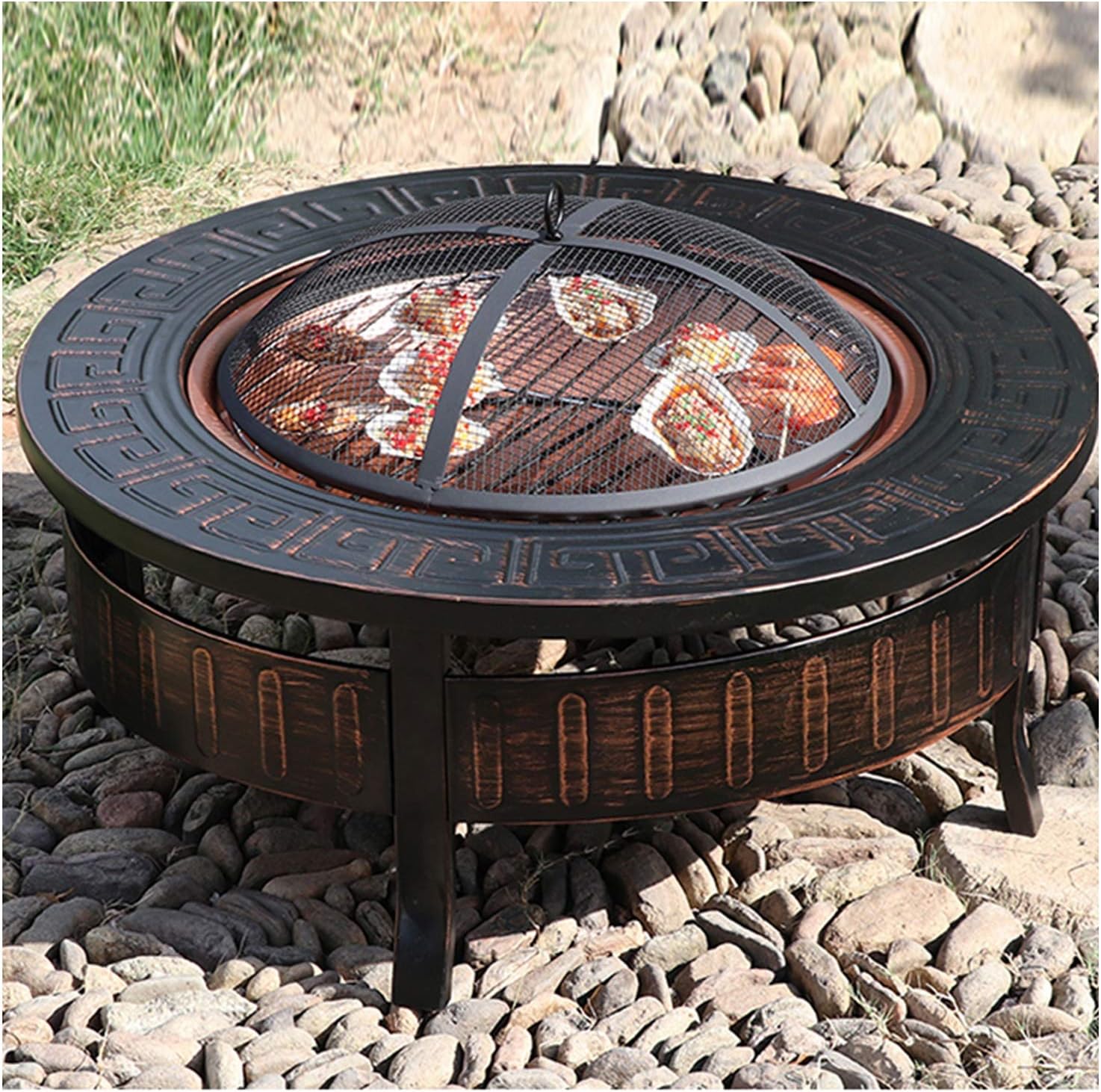 Outdoor Fire Pit Round Wood-Burning Fire Bowl Grill, with Mesh Spark Sieve Cover, BBQ Party Camping Cooking Fire Pit, 81cm/31.8