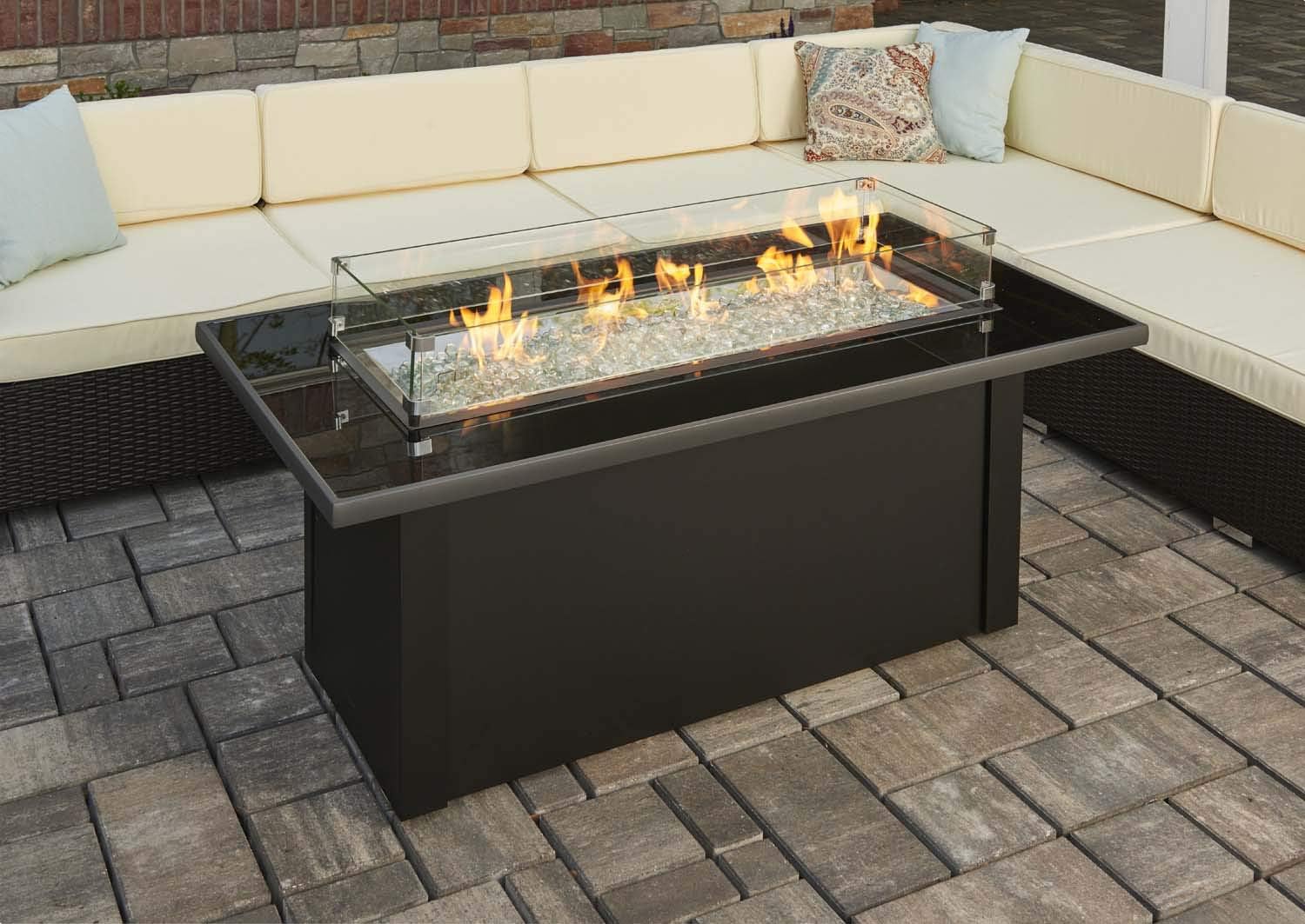 Outdoor GreatRoom Co. Propane Fire Pit Table - Monte Carlo Gas Fire Pits for Outside Patio - 60 Inch Rectangular Glass Top Firepit Fire Table with Matching Tabletop Cover, Metal Base, 80,000 BTU