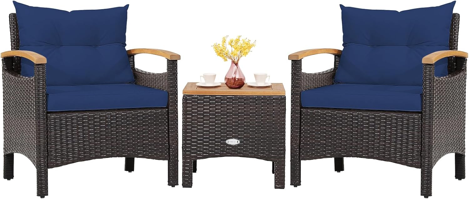 Tangkula 3-Piece Patio Furniture Set, Patiojoy Outdoor Rattan Sofa Set with Coffee Table, Patio Conversation Set with Removable Cushion, Cozy Acacia Wood Armrests for Backyard, Poolside (Navy)