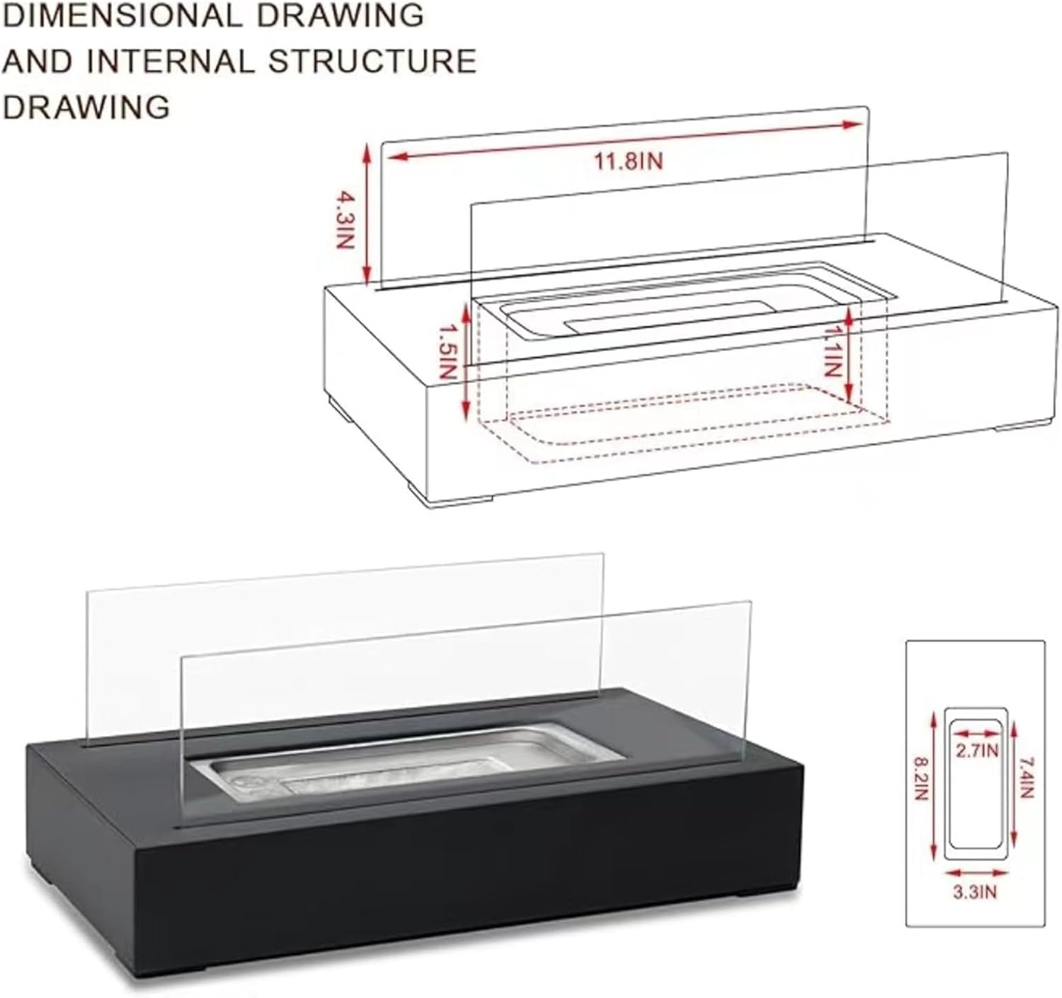 Table Top Fire Pit – Stainless Steel Iron Glass 150ml | Top Propane Fire Pit | Tabletop with Glass Wind Guard for Outdoor Patio Garden Camping and Home Decoration Use
