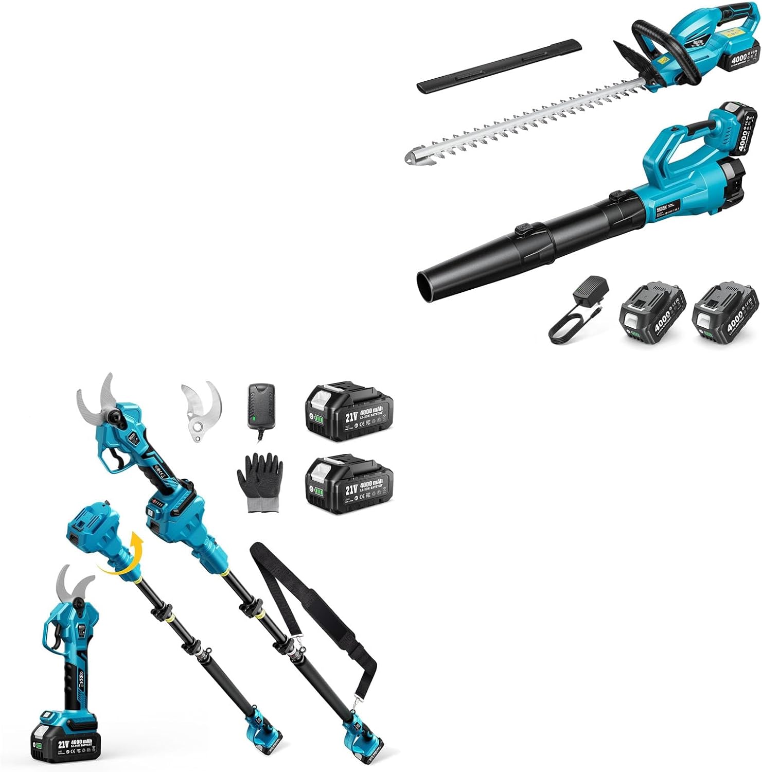 SEESII Cordless Hedge Trimmer and Leaf Blower Combo, 2 Pcs 4.0Ah Batteries+SEESII 2-in-1 Pole Pruning Shears: 1.6
