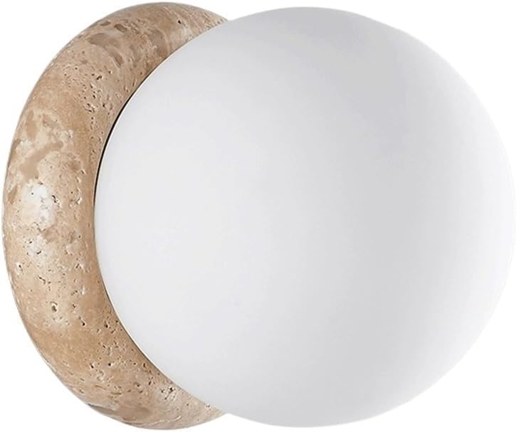 Modern Round LED Travertine Stone Wall Sconce Frosted Glass Shade Wall Lamp, Natural Material Lighting Fixture for Bedroom Hallway Bathroom or Outdoor Use