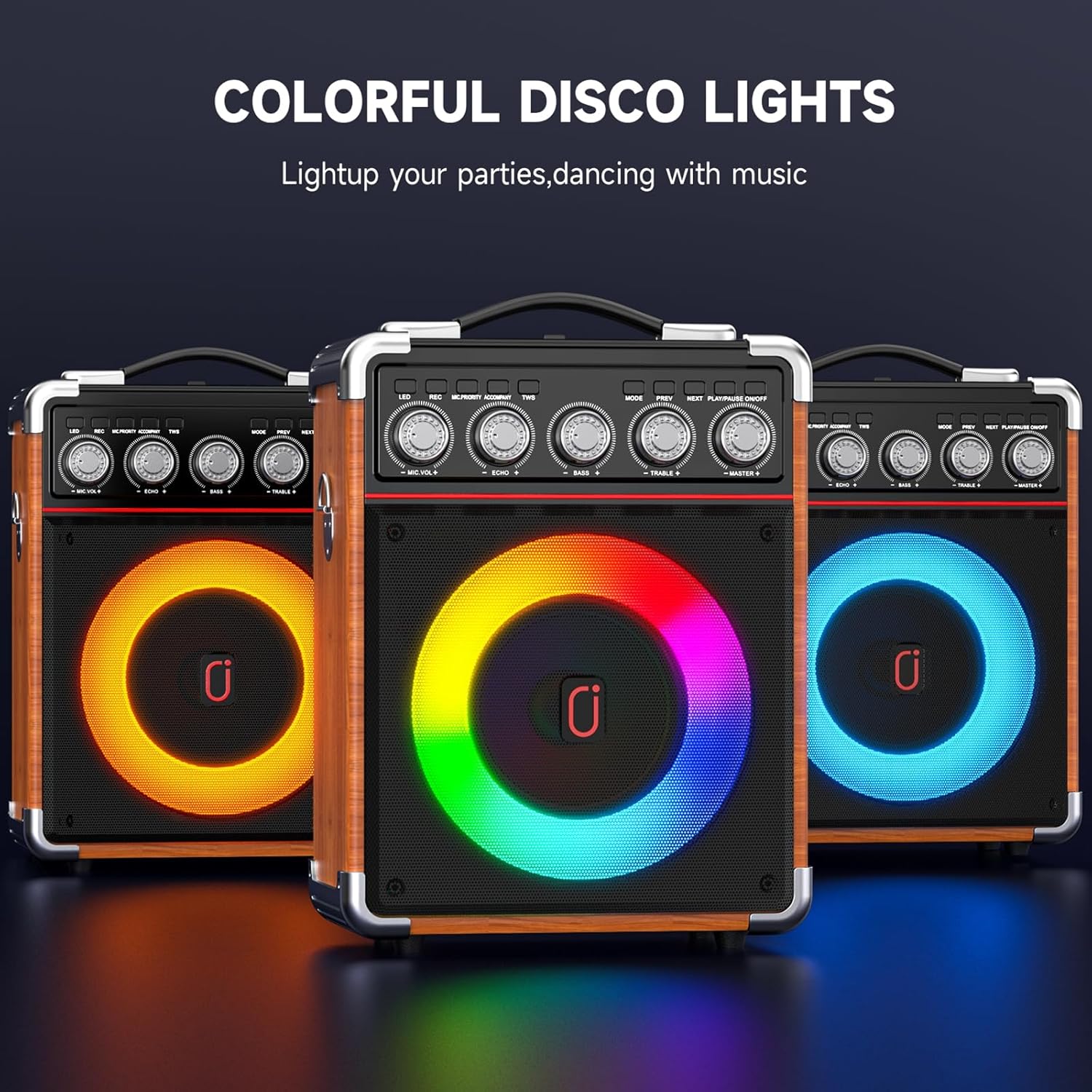 Karaoke Machine with 2 Microphones: HWWR Portable Karaoke Machine for Adults Kids Gifts, Party Bluetooth Speaker with Bass/Treble PA System with Remoter DJ Lights Support TV/REC/USB/AUX/TF (100W WOOD)