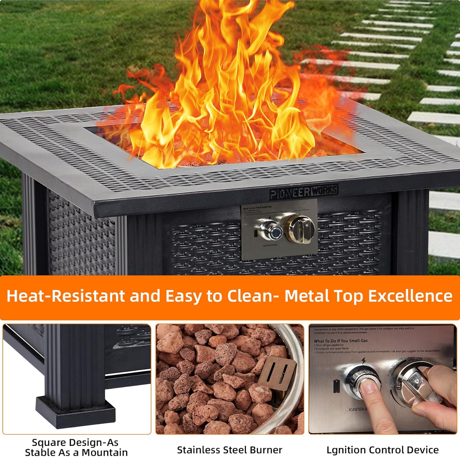 28 Inch Propane Fire Pit, CSA-Listed Outdoor Gas Fire Pit, 50,000 BTU Steel Fire Table with Lid and Lava Rock, Gas Fire Pits for Patio, Stainless Steel Burner Head for Warmth Ambiance Black