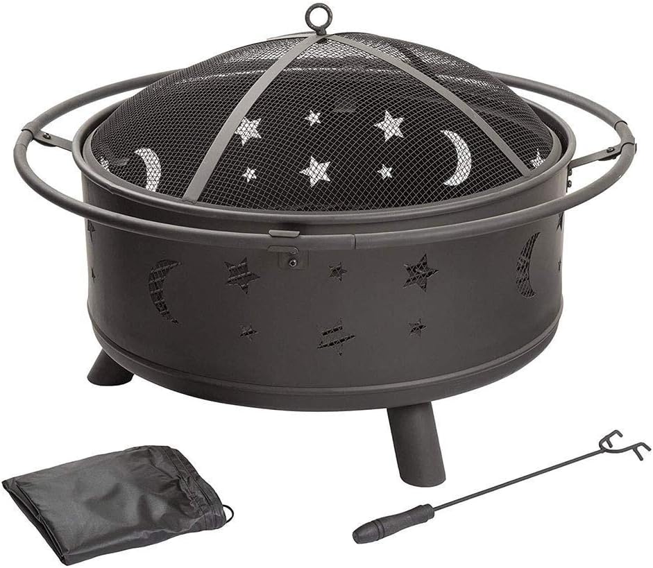 Small Firepit, Fire Pit with BBQ Grill Shelf, Outdoor Metal Brazier Star Moon Shape Garden Patio Heater Camping Bowl BBQ with Grill, Mesh Lid, Grate