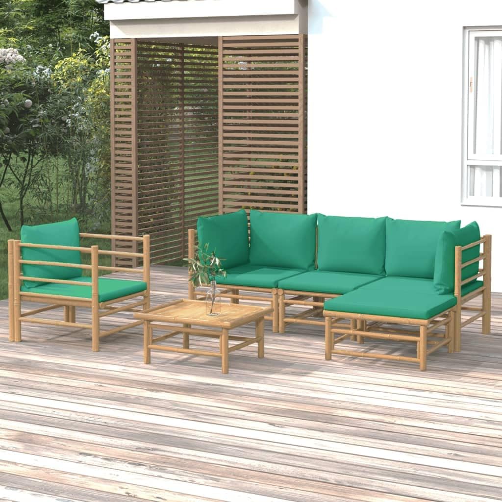 Patio Set 6 Piece Patio Lounge Set with Green Cushions Bamboo