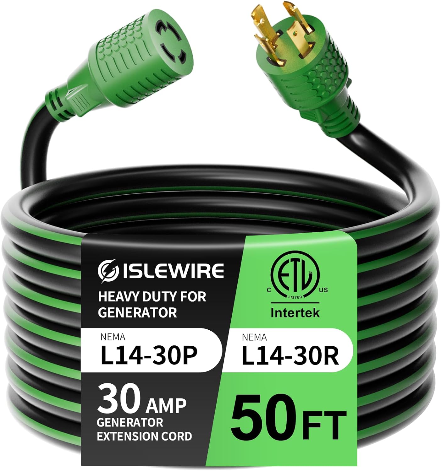 4 Prong 30 Amp Extension Generator Cord 50FT, NEMA L14-30P/L14-30R, 125/250 Volt Up to 7500 Watts, 10 Gauge SJTW Twist Lock Power Cord for Manual Transfer Switch, Black&Green, ETL Listed
