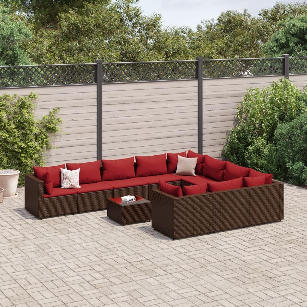 11 Piece Patio Sofa Set with Cushions Brown Poly Rattan,Versatile Outdoor Rattan Sofa Set with Glass Table and Comfortable Cushions Furniture Sets for Patio, Lawn & Garden