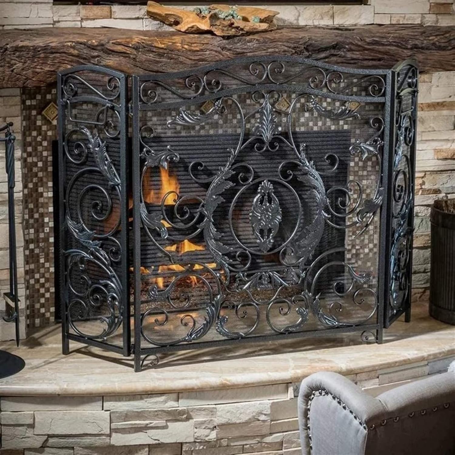 Large Black 3-Panel Screen Fire Guard for Stove & Fireplace - Decorative Mesh Safety Barrier with Elegant Scroll Design, Spark Protection for Home & Patio