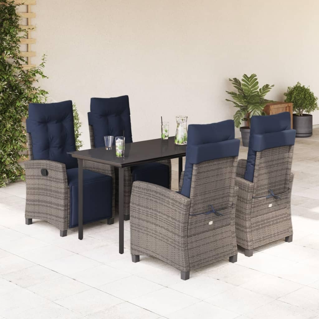 Furniture Sets 5 Piece Patio Dining Set with Cushions Gray Poly Rattan,Outdoor Dining Furniture Set with Adjustable Lounge Chairs and Glass Top Table Garden Conversation Sets