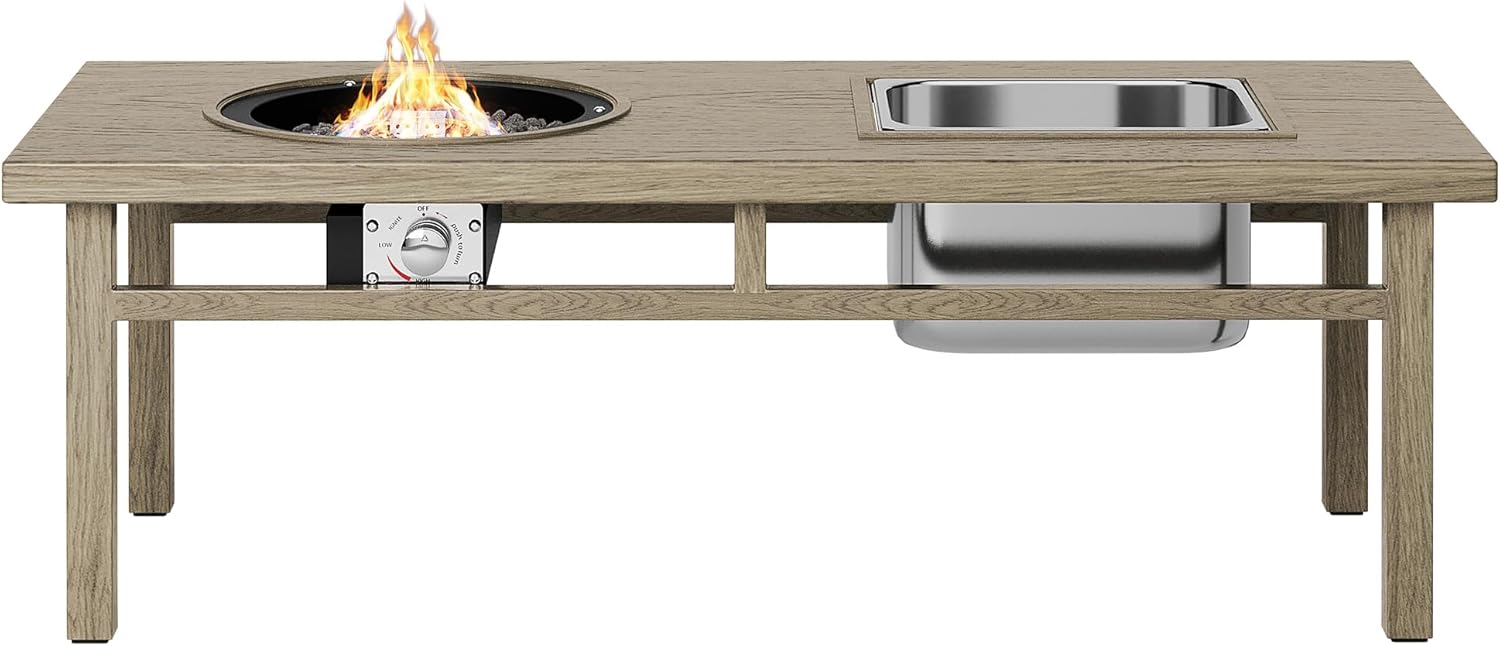 Kaimei 3-in-1 Aluminum Patio Coffee Table with Ice Bucket and Fire Pit - Beige for 6-8 People