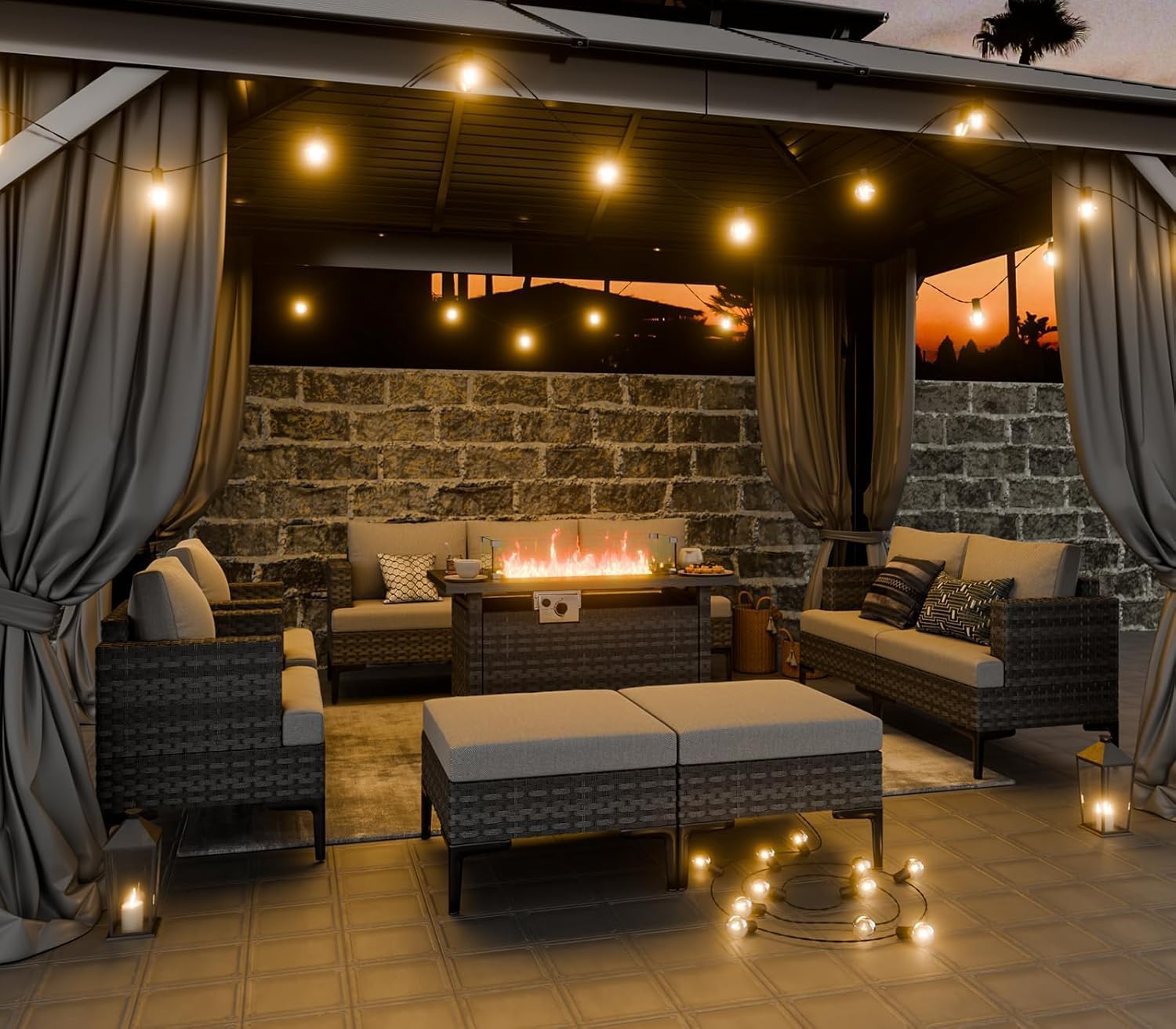 Restland 44” Propane Fire Pit Table 60000 BTU Rectangle Outdoor Fire Pit Table with Wind Guard & Waterproof Cover CSA-Certified Rattan Gas Firepit for Patio, Party, Backyard