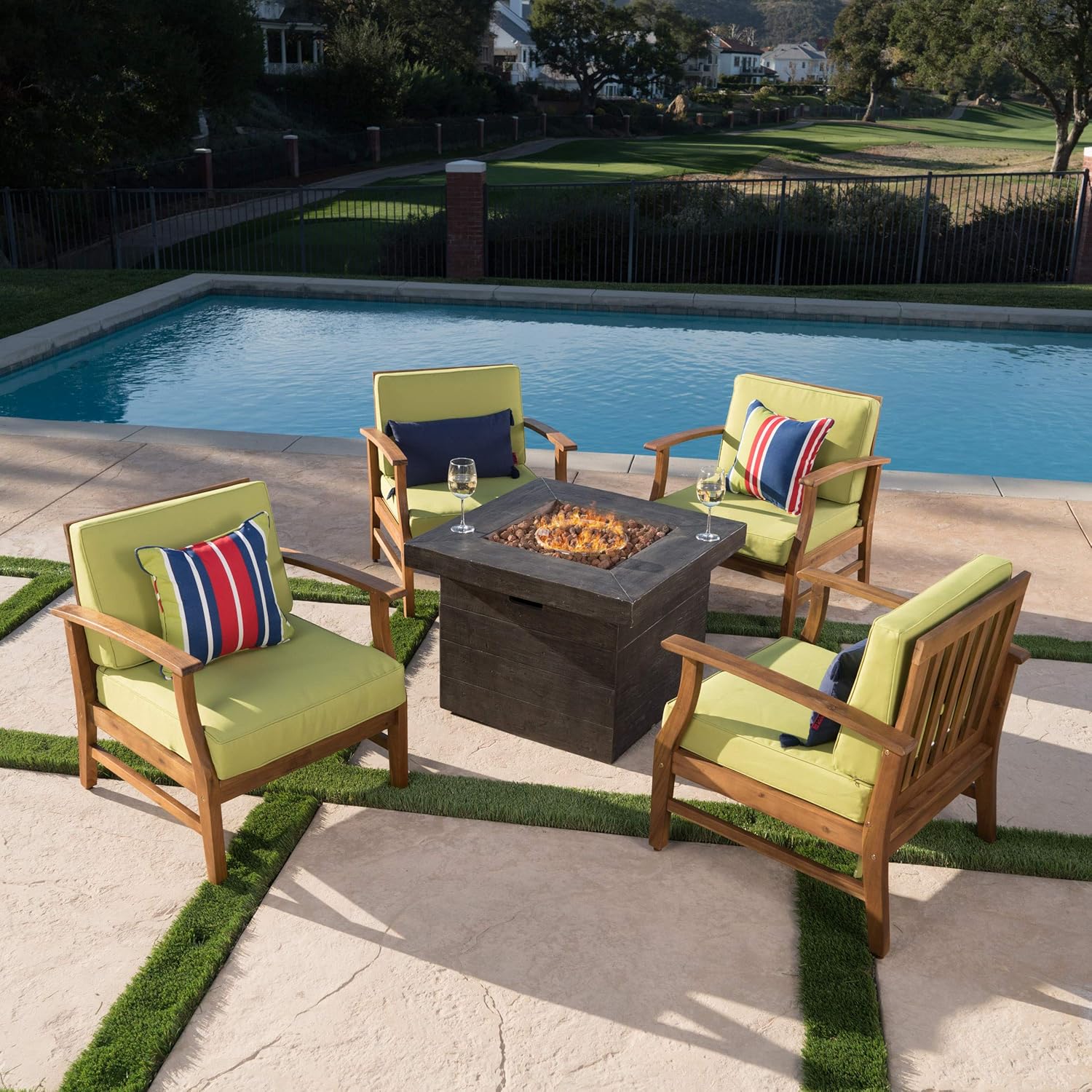 GDFStudio Noble House Kourtney 5 Piece Outdoor Acacia Wood Chair and Firepit Set in Green