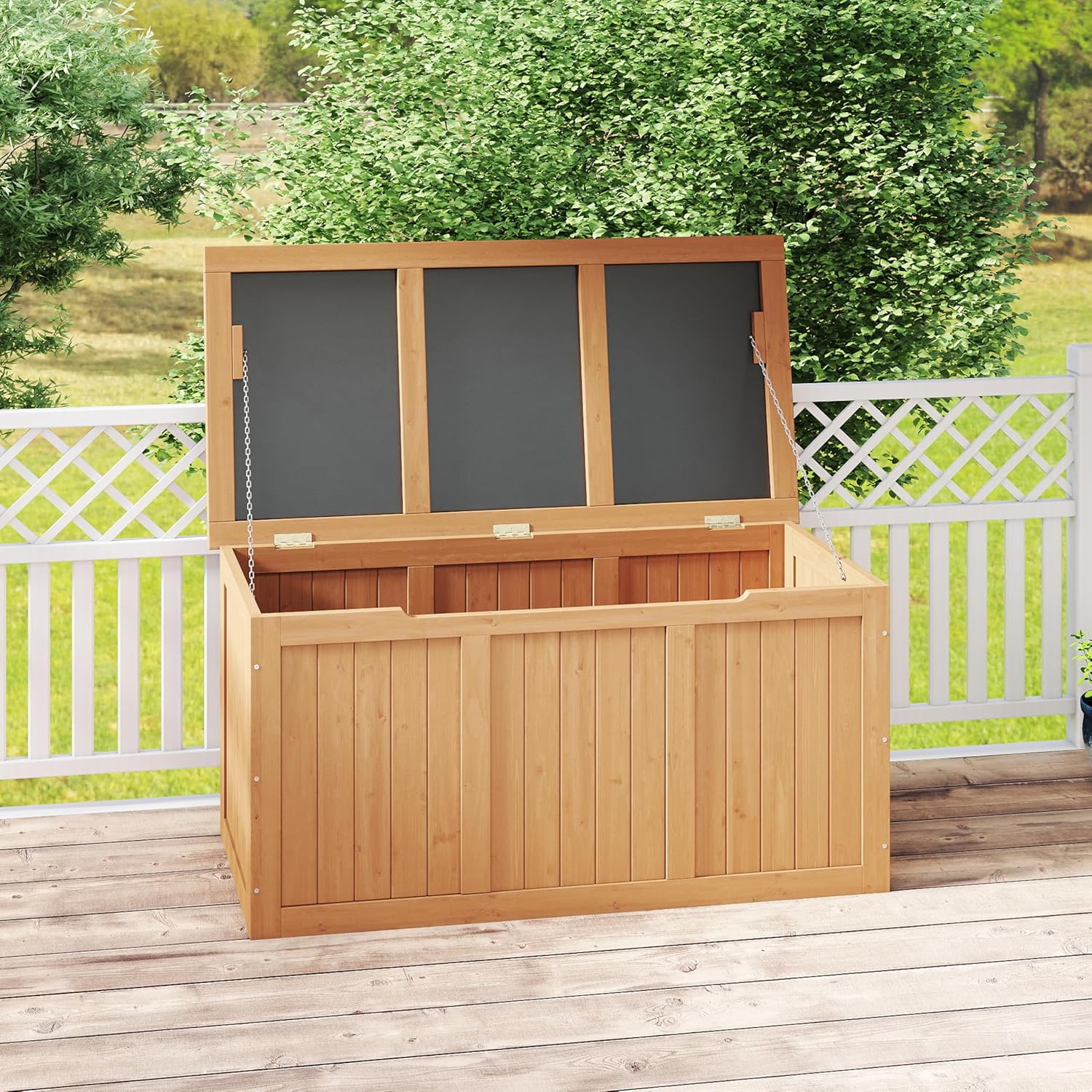 67-Gallon Outdoor Solid Wood Deck Box – Durable, Weather-Resistant Storage with Seat & Table Top for Patio Cushions, Pool Toys, Garden Tools | Hinged Lid & Easy Access (Light Brown)