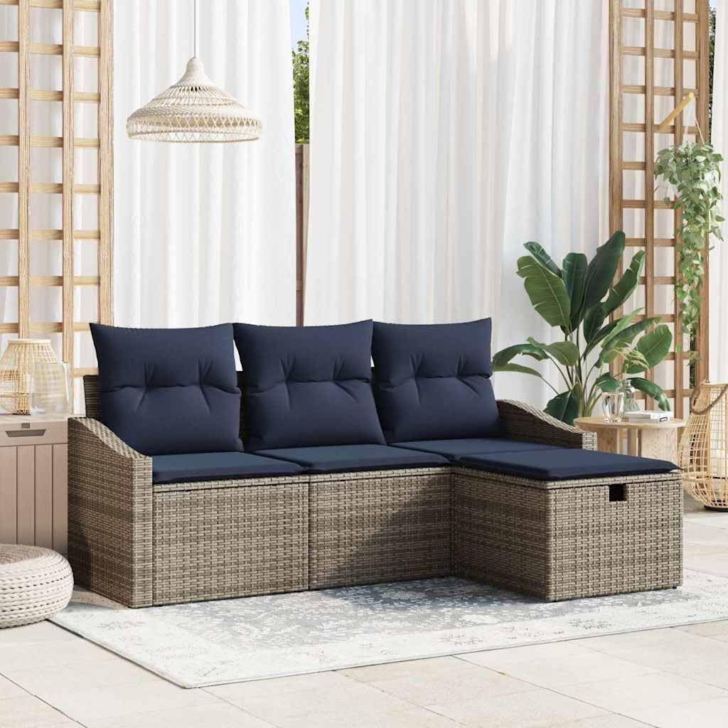 Grey Poly Rattan Sofa Set with Cushions, Outdoor Patio Furniture, 4-Piece Modular Design, Storage Compartments, Weather-Resistant for Garden Terrace