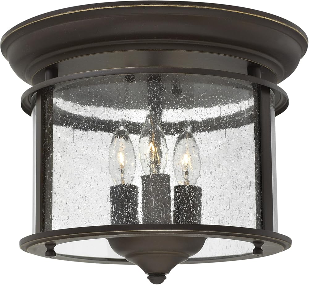 Hinkley Gentry Small Flush Mount Light - Traditional, 3-Light, Bent Clear Glass Panels, Candlestick Design - Olde Bronze Finish