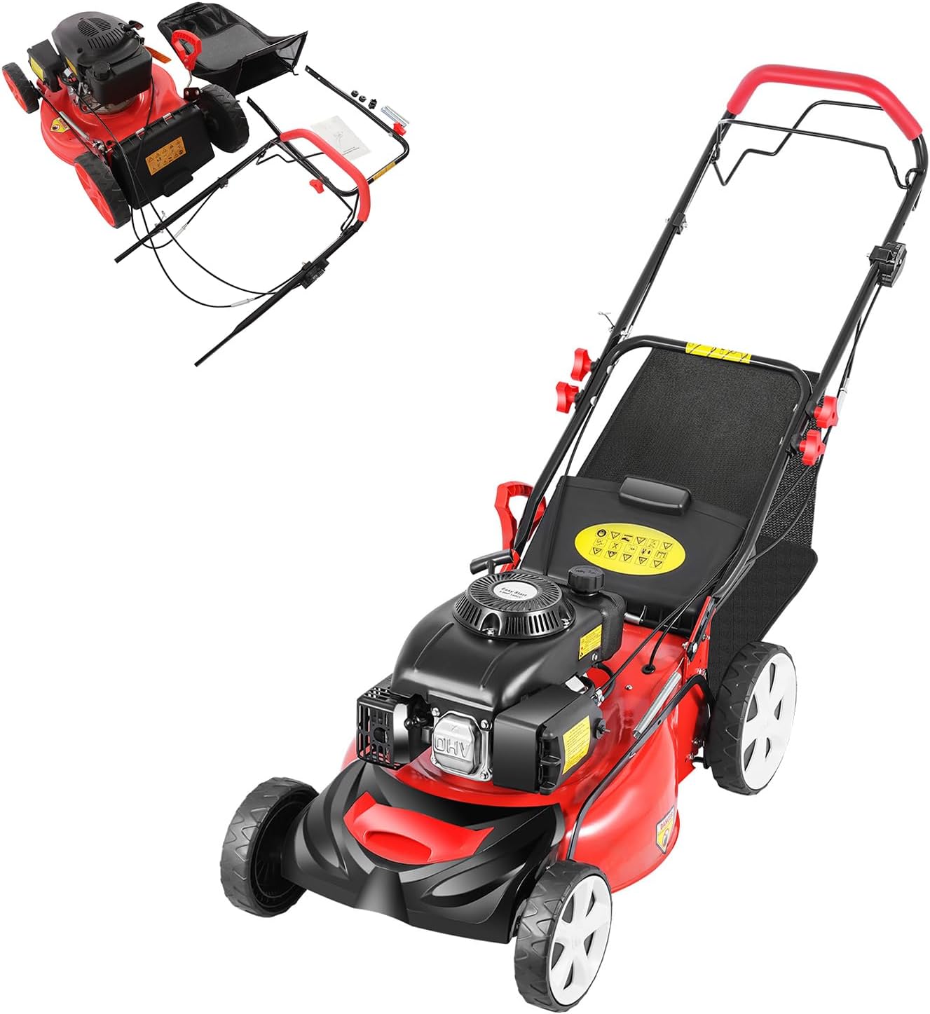 3-in-1 Self Propelled 4-Stroke Gas Lawn Mower with Bagger 140cc Single Cylinder Gasoline Engine Powered with 8 Adjustable Heights for Small to Medium Sized Yards