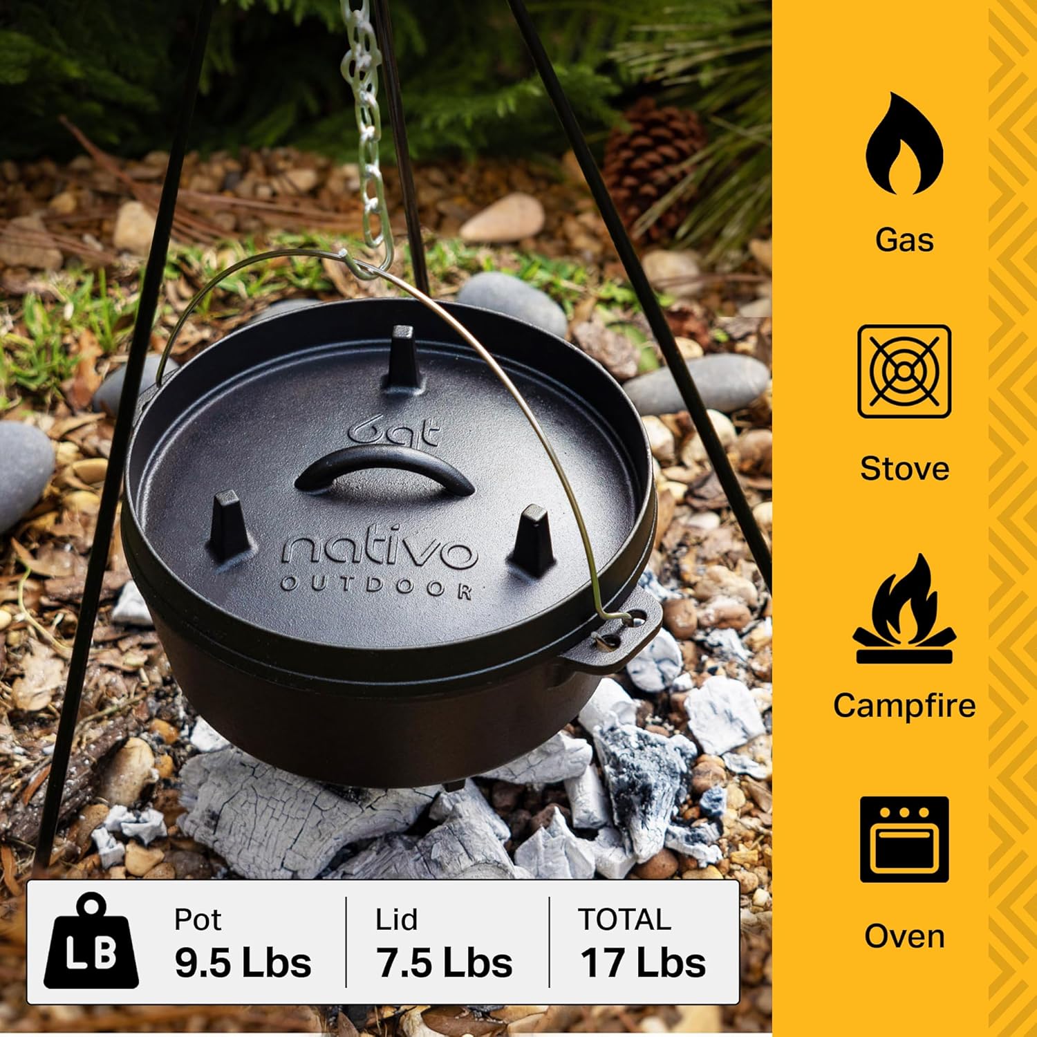 NATIVO 6QT Pre-Seasoned Outdoor Cast Iron Dutch Oven Pot with Multipurpose Lid, Dutch Oven for Camping and Outdoor Cooking using Fire and Coals, With Legs and Reversible Lid Grill