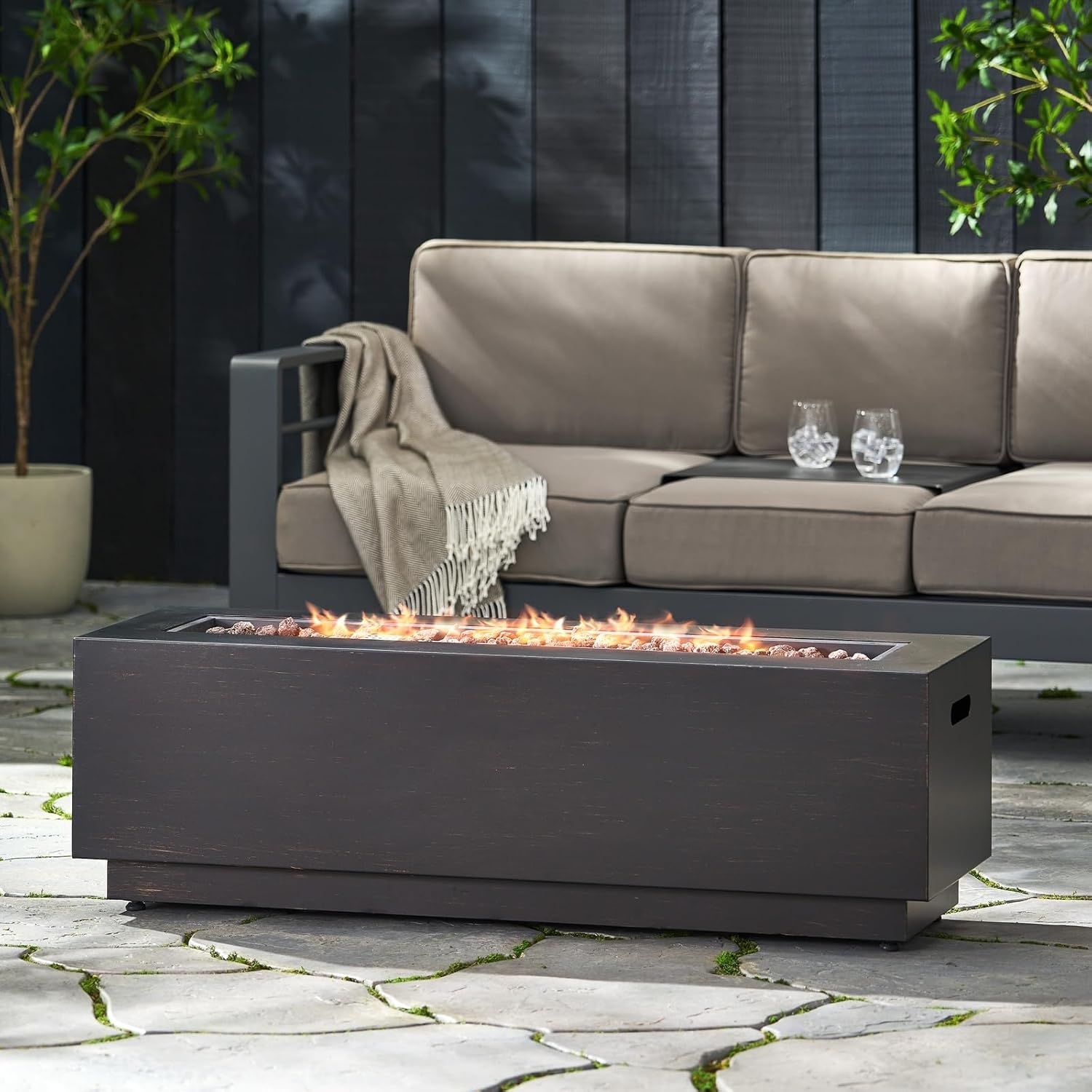 Penau 40 Inch Outdoor Rectangular Iron Propane Fire Pit - 50,000 BTU Heating Power - Dark Grey Finish (Tank Cover Not Included) - Simple Setup, No Assembly Required