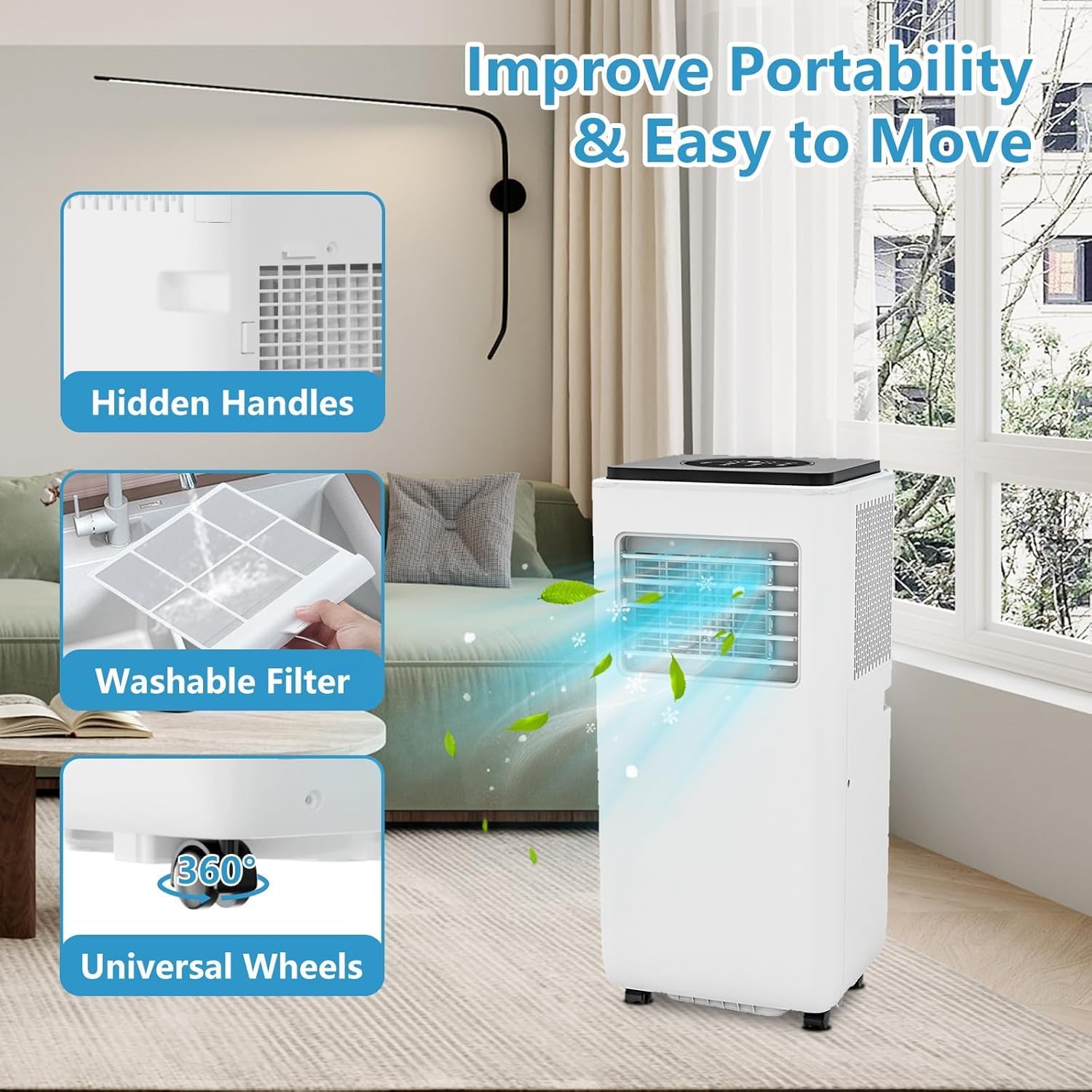 8000 BTU Portable Air Conditioner with Cooling, Dehumidifier & Fan Modes, Quiet Operation, 24-Hour Timer, Covers up to 350 sq ft, Includes Window Installation Kit, White