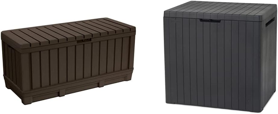 Keter Kentwood 90 Gallon Resin Deck Box-Organization and Storage for Patio Furniture Outdoor Cushions, Throw Pillows & City 30 Gallon Resin Deck Box for Patio Furniture, Pool Accessories,