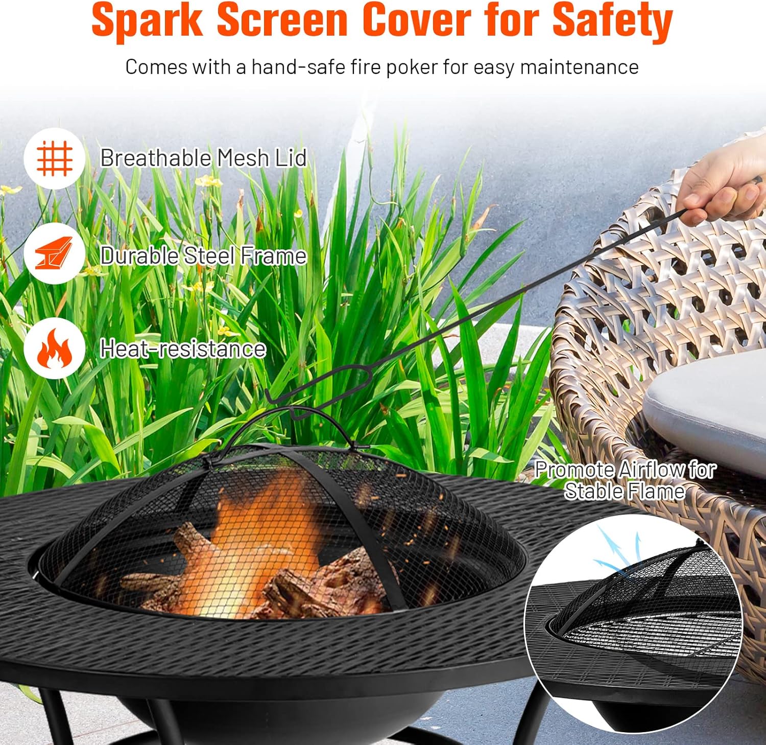 Tangkula 32 Inch Outdoor Fire Pit Dining Table, 4-in-1 Round Wood Burning Fire Pit Bowl, Patio Steel Firepit for BBQ, Bonfire, Camping, Includes Fire Poker, Cover, Grill, Log Grate, Spark Screen Cover