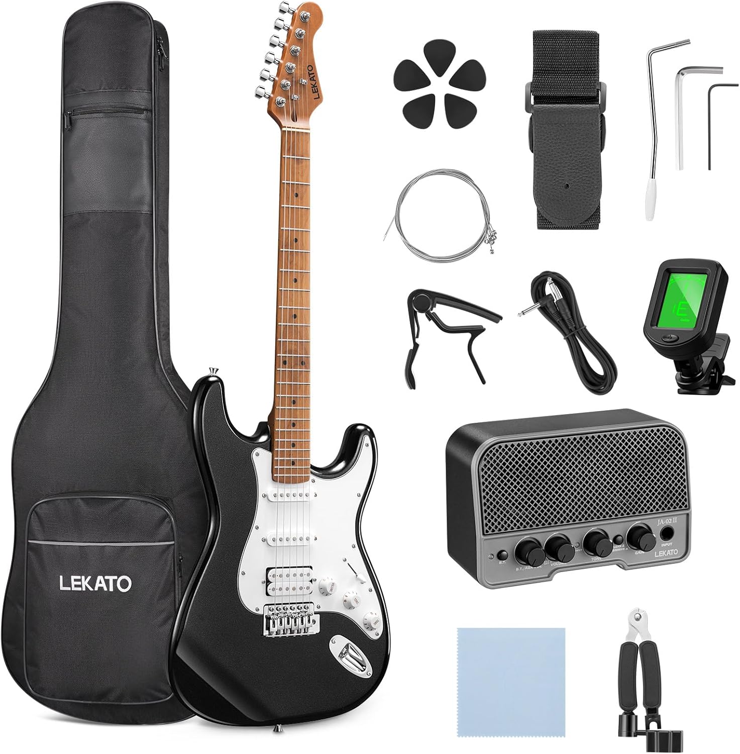 LEKATO Electric Guitar Kit Beginner 39 Inch Full Size Solid Body Guitar HSS for Starter with 5w Mini Amp, Bag, Tuner, Capo, Shoulder Strap, Picks, String, String Winder&Cutter - Black