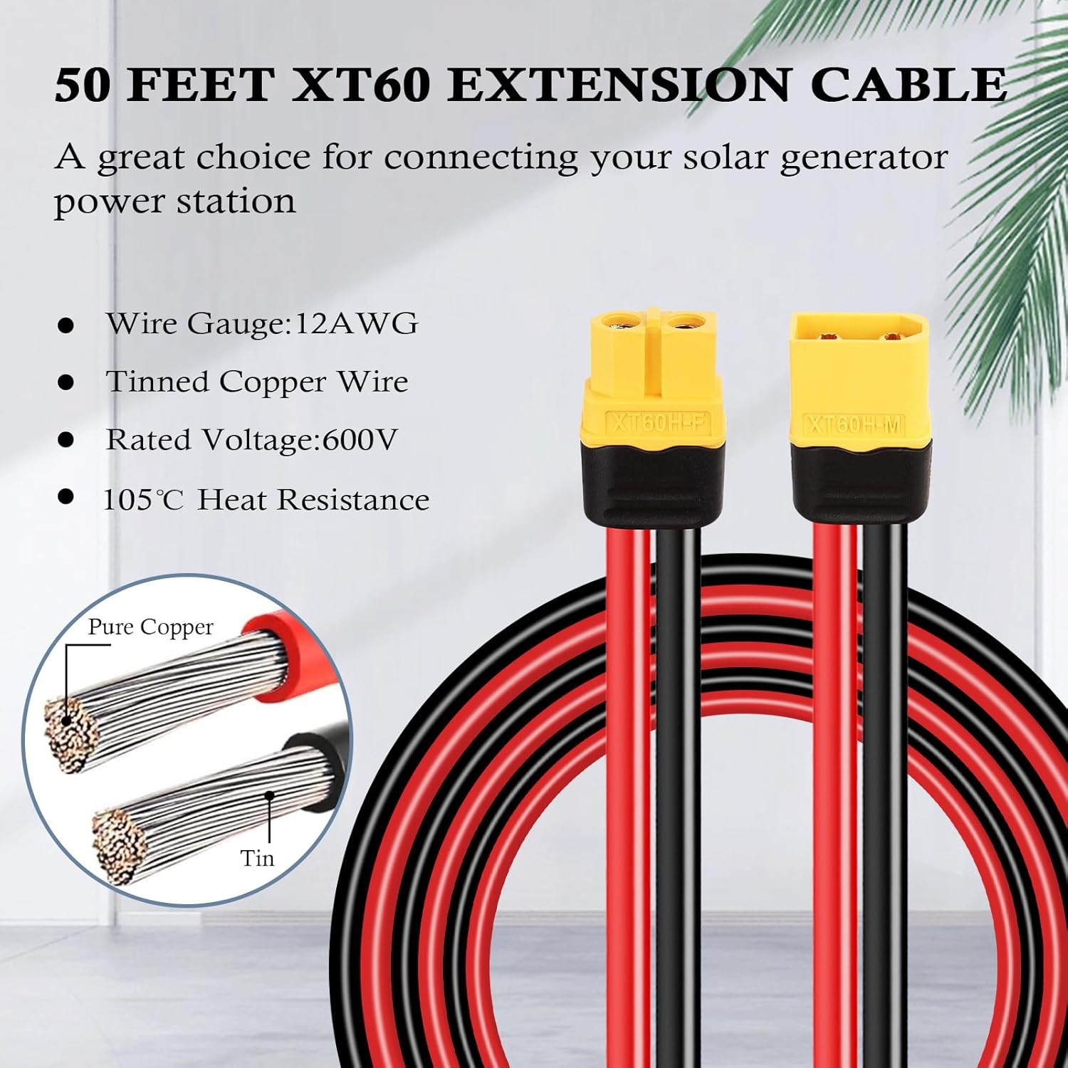 12AWG XT60 Extension Cable 50FT XT60 to XT60 Cable with Male to Female Connector for RC Battery Portable Power Station Solar Panel