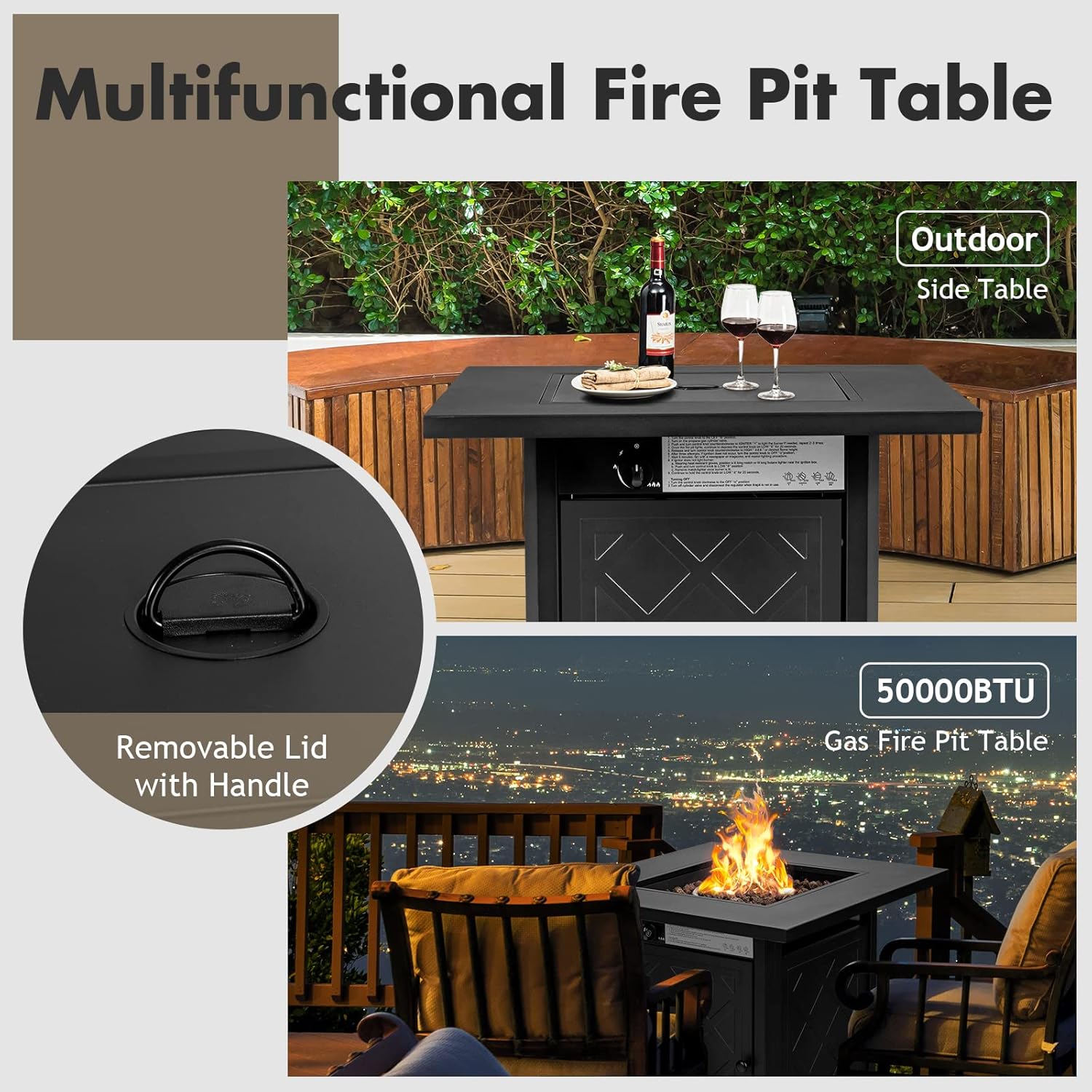 28-Inch Fire Table Outdoor, 50,000 BTU Gas Fire Pit Table with Metal Tabletop, Lid, Lava Rock, Electric Igniter & Hideaway Tank Holder, Propane Fire Table for Outside, Garden, Party(Black)
