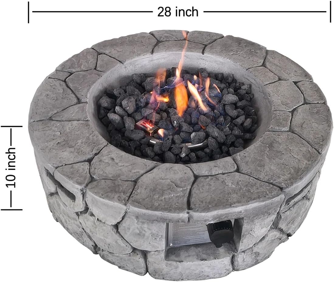 Concrete Fire Pit Table Round Stone-Look Propane Outdoor Heater for Patio Smokeless Firepits for Outside with Lava Rocks Push-Button Ignition Backyard Deck Garden