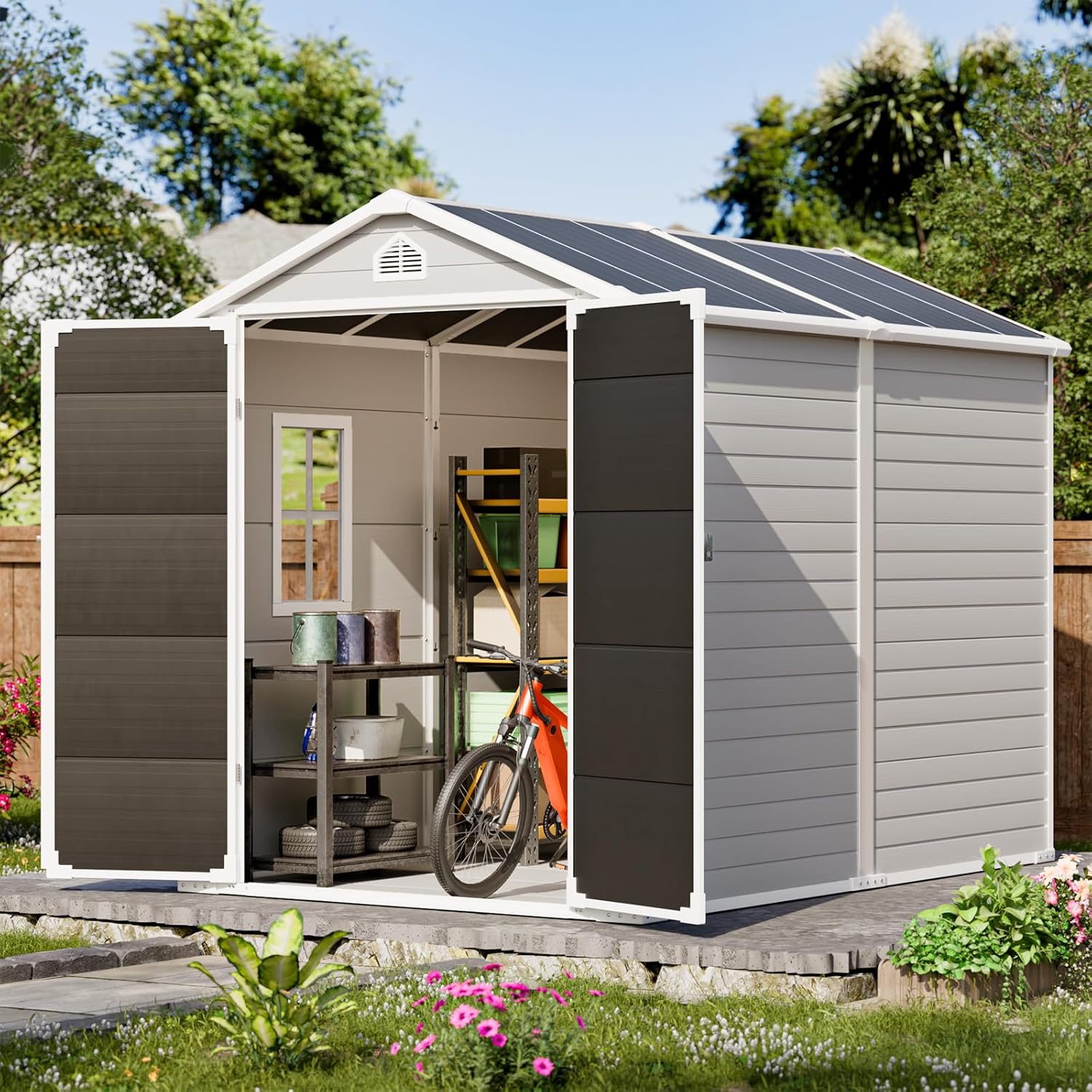 HUSFU Outdoor Resin Storage Shed 8x6 FT, Plastic Tool Shed for Bike, Garbage Can, Chicken Coop, Outside Sheds with Lockable Door for Backyard, Patio, Lawn, Light Grey