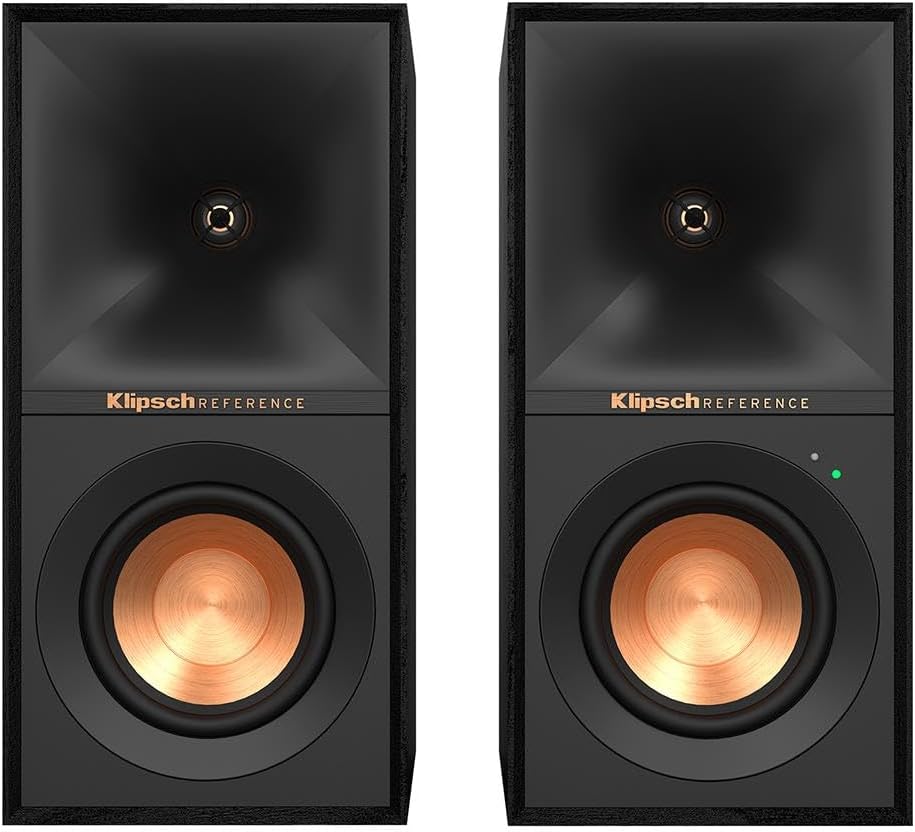 Klipsch Reference R-40PM Powered Bookshelf Speakers - 90-Degree x 90-Degree Tractrix Horn - Linear Travel Suspension - Sleek, Modern Appearance