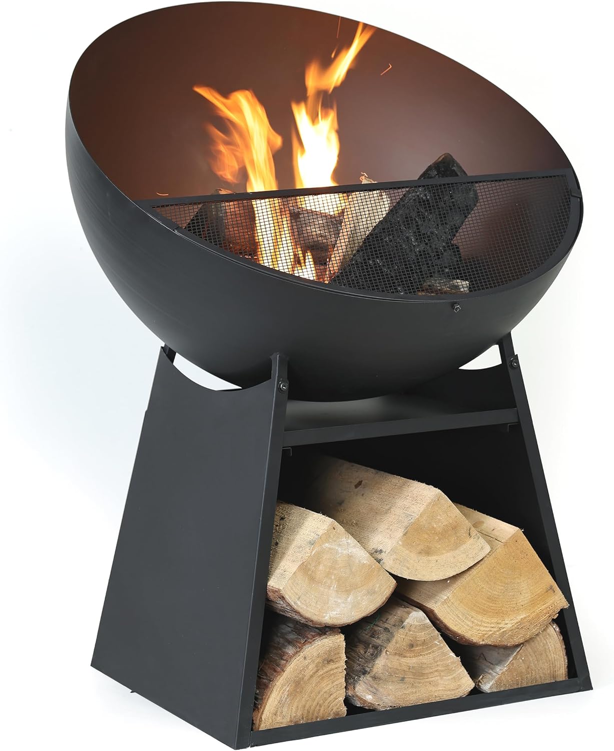 30 Inch Round Outdoor Steel Wood Burning Fire Pit with Black Powder Finish, Spark Screen, Poker Tool, and Protective Storage Cover