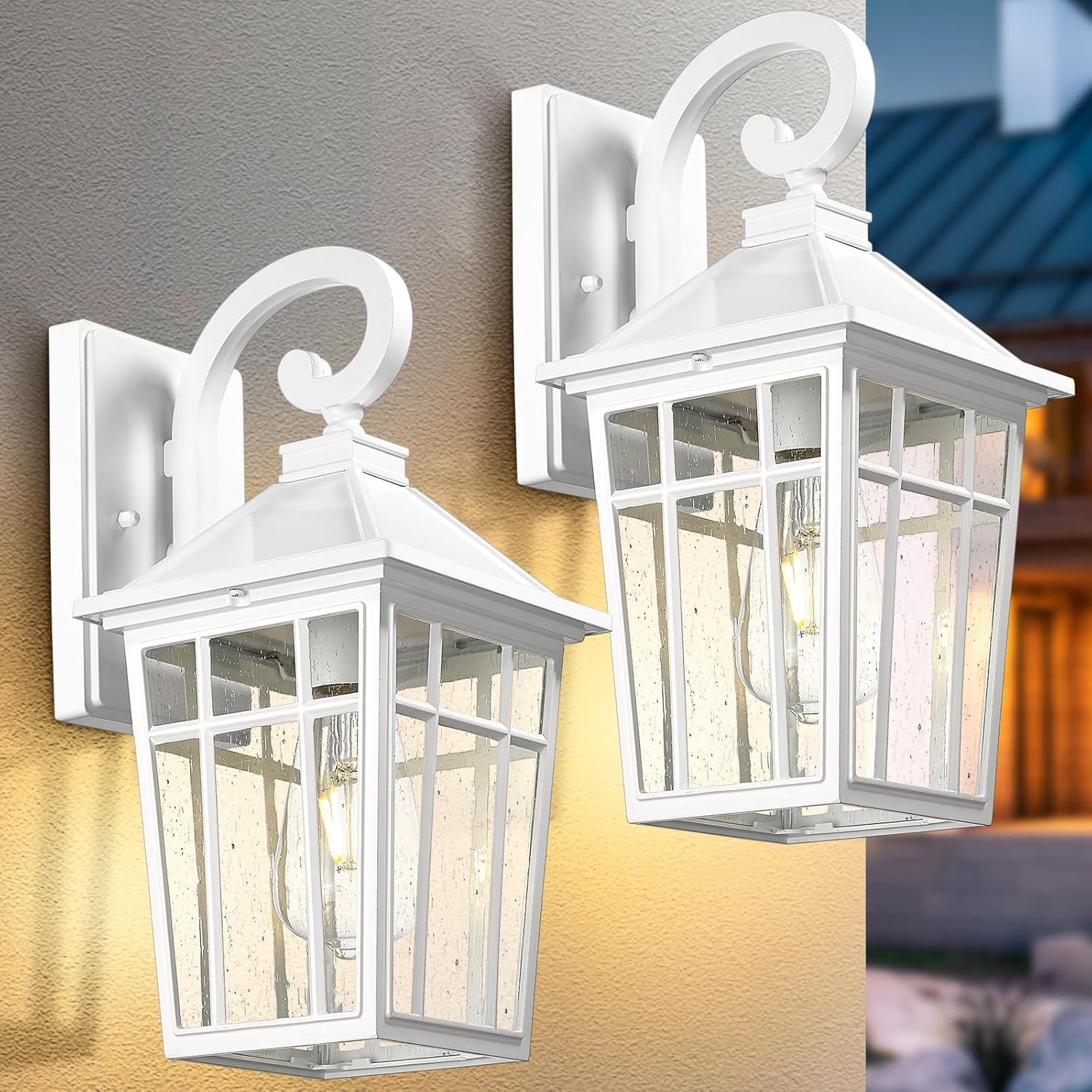 Darkaway Outdoor Wall Lights for House, Exterior Lighting Fixtures Wall Mount Outdoor Porch Lights Waterproof White Outdoor Sconce Lights with Seeded Glass for Patio Hallway Garage,2 Pack