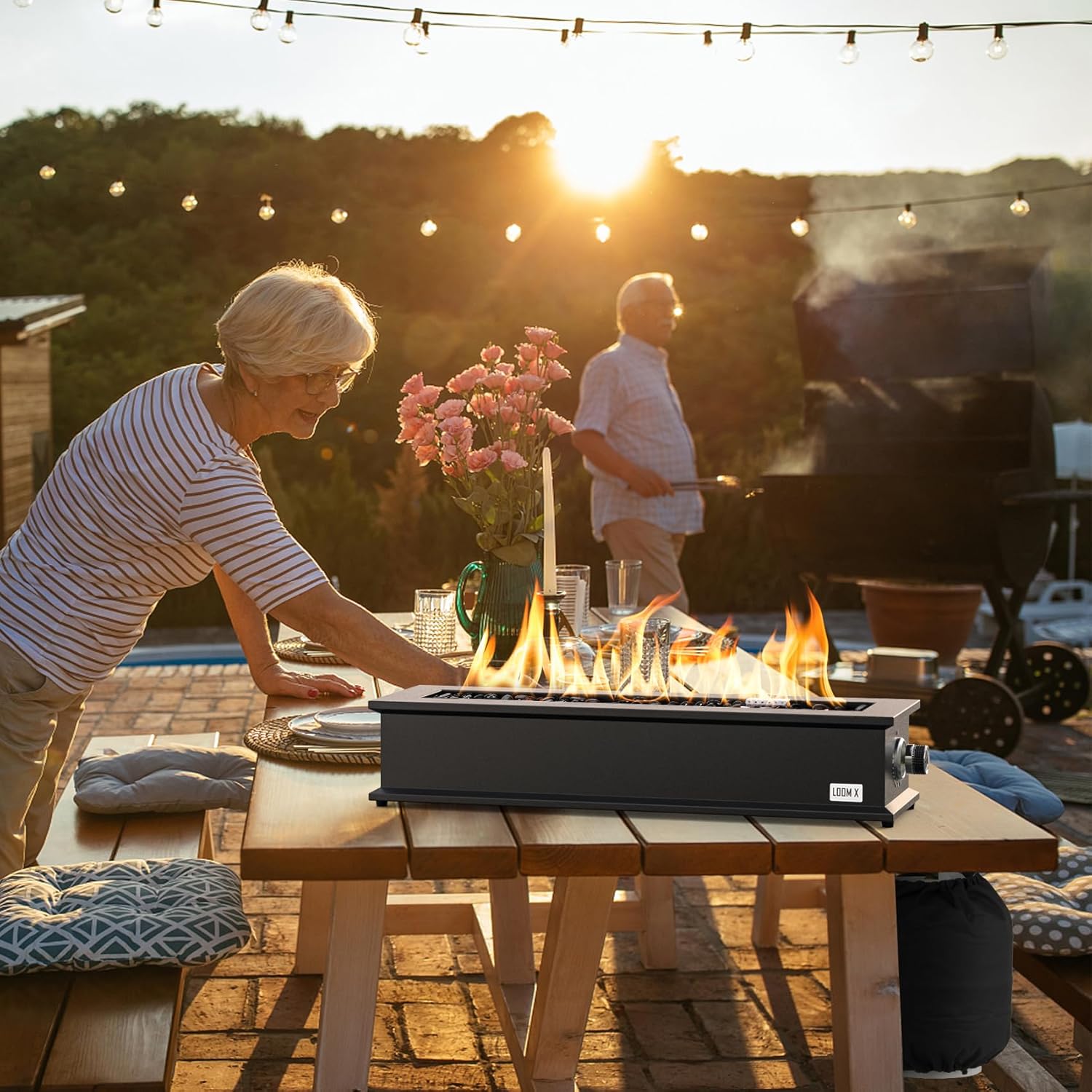 Onlyfire Loom X Propane Fire Pit Table with Stainless Steel Burner and Decorative Fire Glass Beads - 28 Inch Rectangular Tabletop Gas Fireplace (Side Connected)