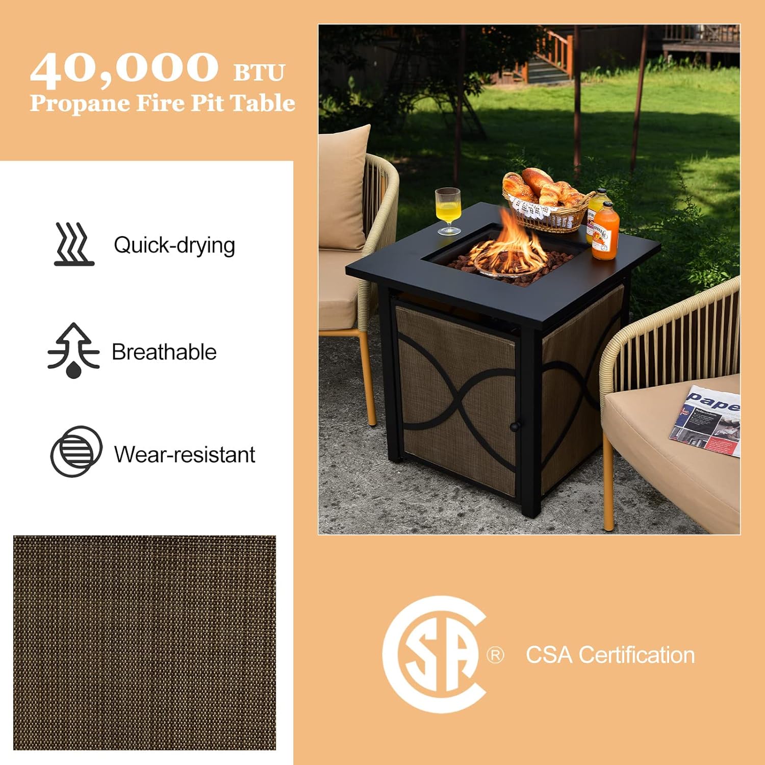 S AFSTAR Outdoor Fire Table, 40,000 BTU Square 25” Fire Pit Table w/Lid, Glass Stones, 2-in-1 Auto-Ignition Propane Tank Gas Fire Table Coffee Table for Outside Patio Porch Yard (25