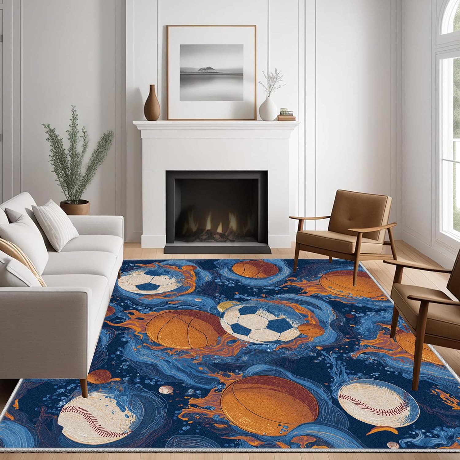 Baseball Children Rug & Home Decor, Basketball Sports Washable Rug 8x10, Football Soccer Rugs for Living Room Bedroom - Non Slip Soft Indoor Large Area Rug, Carpet Kitchen Room Decor