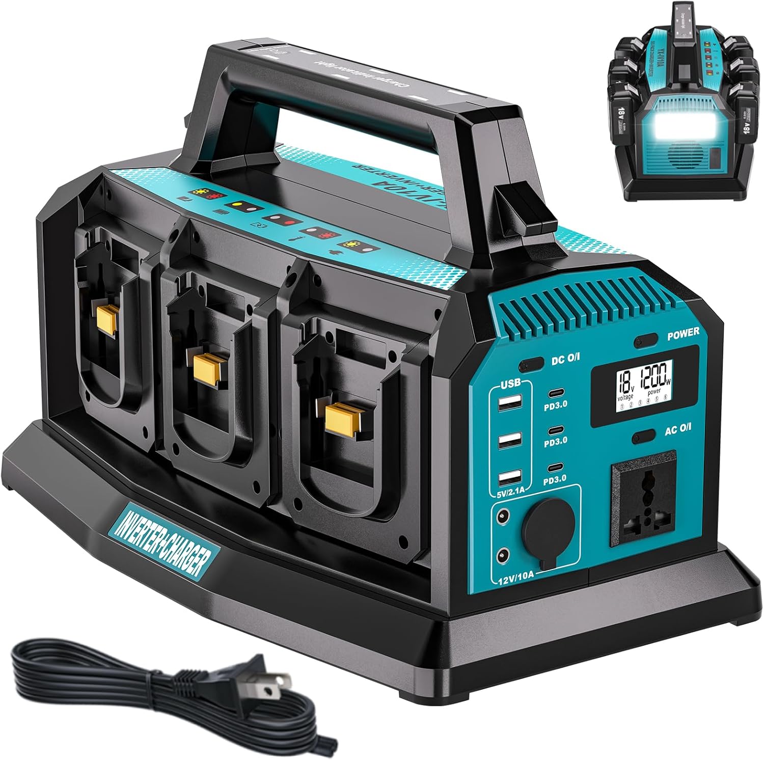 1200W Integrated Power Inverter with 6A Fast Charger, 6 Ports for Makita 18V Battery, Portable Pure Sine Wave Inverter with 120V AC Outlet, 6*USB, and LED Light for Camping Travel Jobsite(Tool Only)