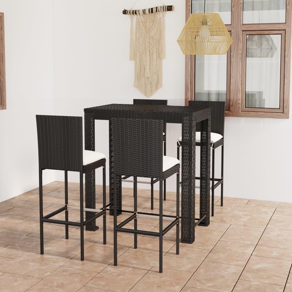 5 Piece Patio Bar Set with Cushions Poly Rattan Black,Stylish Outdoor Garden Bar Set with Comfortable Rattan Stools and Square Tabletop Furniture Sets for Patio, Lawn & Garden
