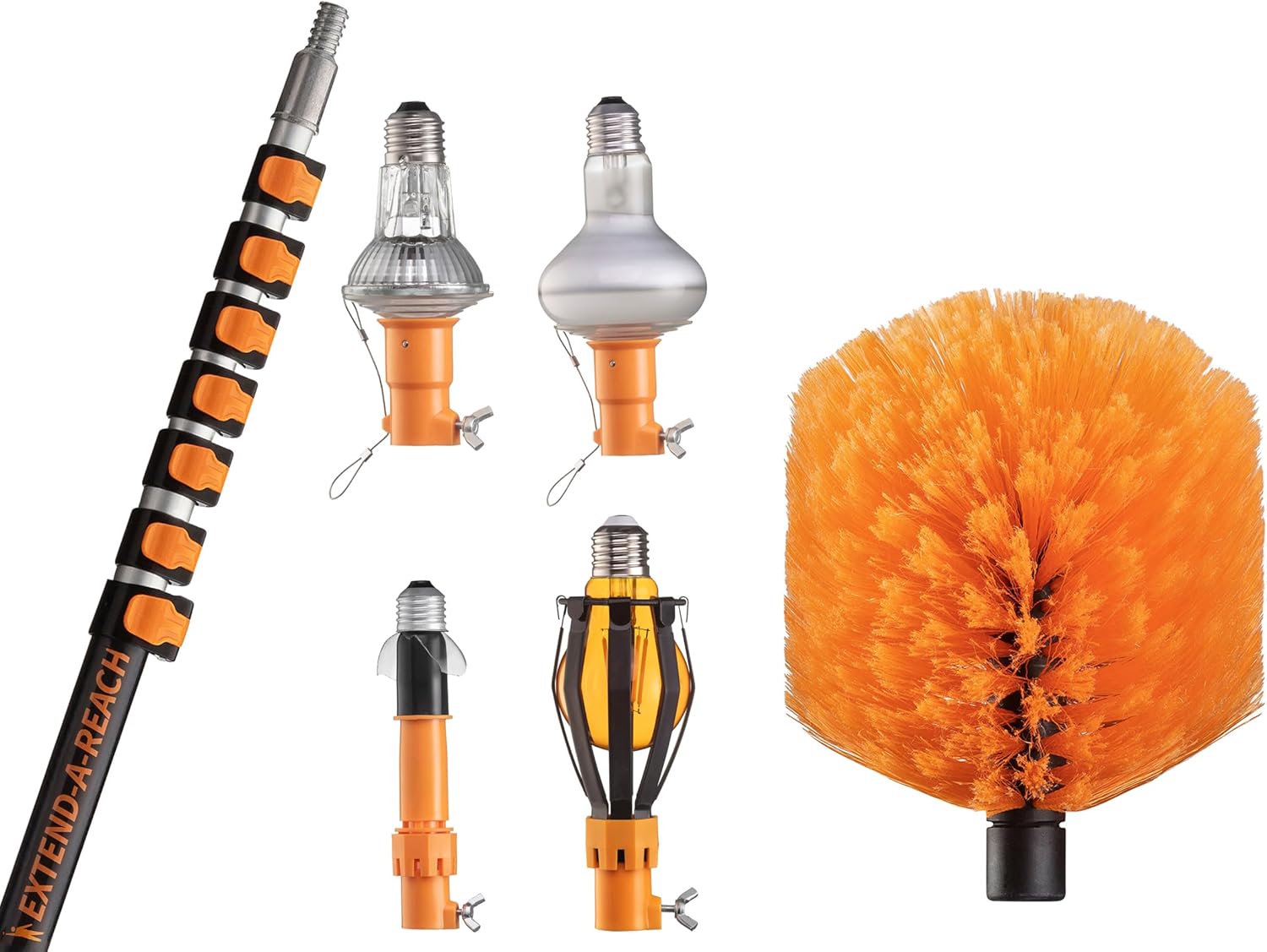 5-30 ft Telescopic Light Bulb Changer for High Ceilings with Cobweb Duster Head Brush // Light Bulb Remover Kit - Suction Cups, Basket and Microfiber Cloth // Spider Web Remover for Outdoor & Indoor