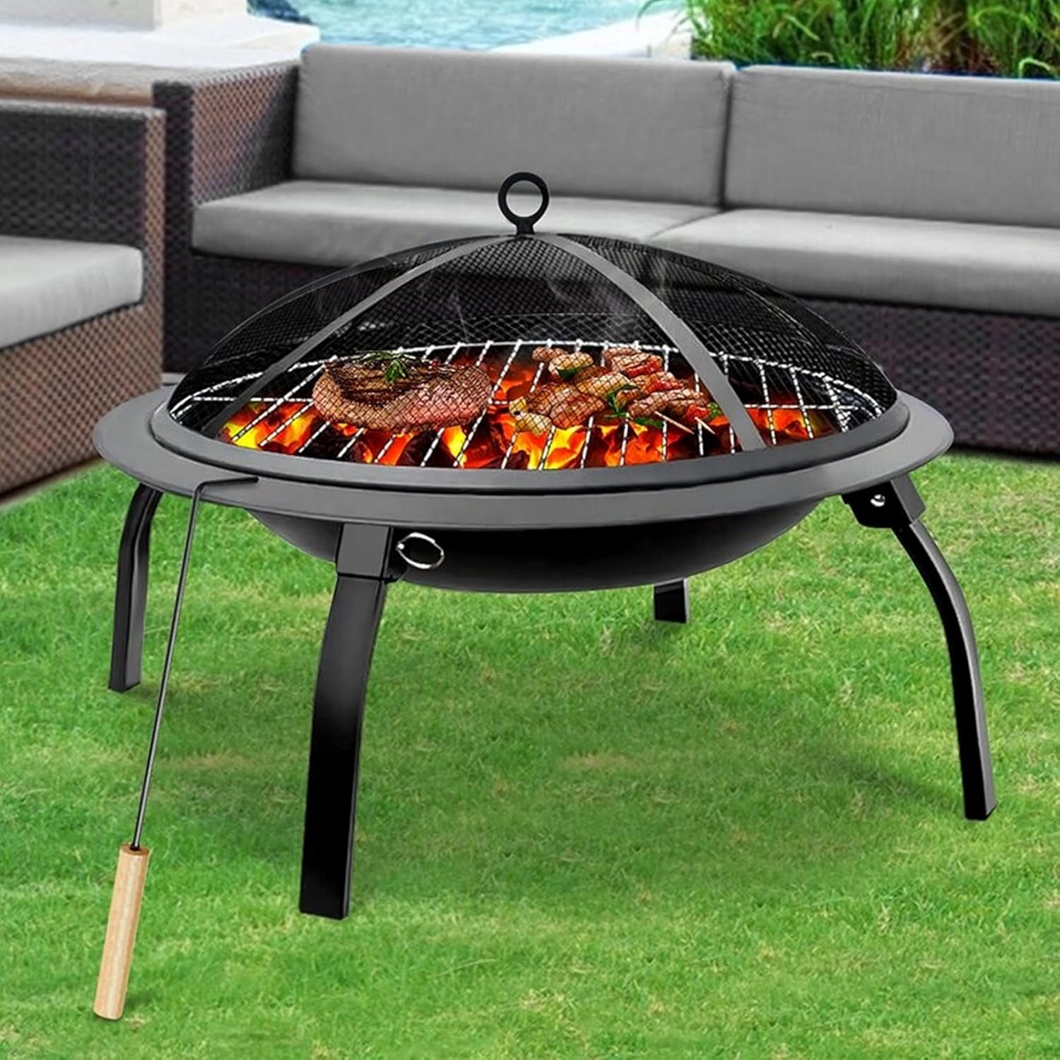 Portable Outdoor Fire Pit Bowl, Wood Burning Firepit w/Mesh Spark Screen Cover,Grill Grate, Poker, Bonfire Patio Fire Pit Heater